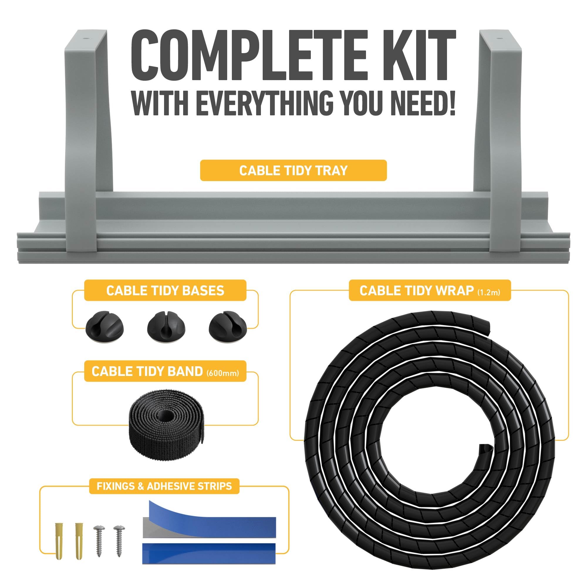 D-Line Desk Cable Organiser Kit, Under Desk Cable Management Tray with Spiral Wrap, Cable Tidy Band & Cable Clips - Image 2