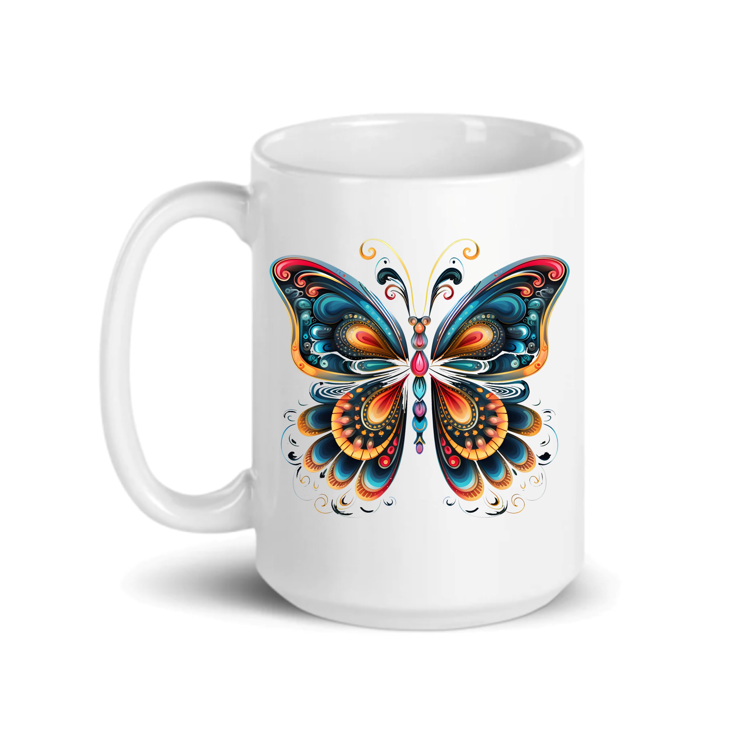 C M Butterfly Mandala Ceramic Coffee Mug 15 oz with Beautiful Detailing - Unique Butterfly Themed Gift for Mom, Wife, Grandmother