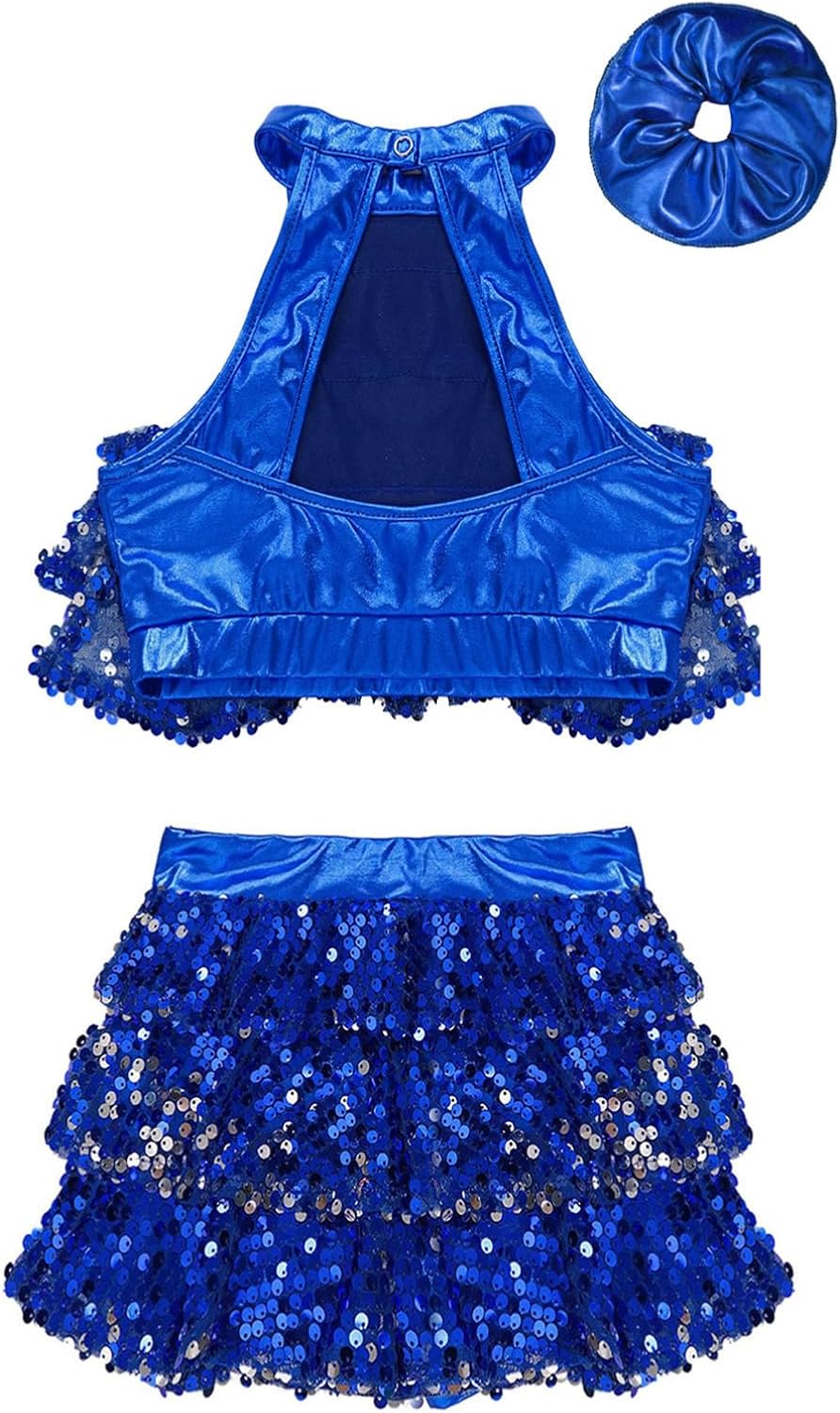 Linjinx Kids Girls Sleeveless Sequin Metallic Crop Top with Ruffle Skirted Hair Band for Dance Performance Competition