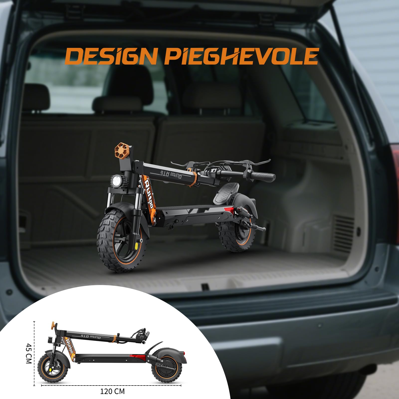 RT6 Monopattino Elettrico Pieghevole, Autonomia 55km, Ammortizzatore Idraulico Ant., Freno a Disco, Luci LED Full, 3 Velocità, Ruote 10", 120KG, Batteria 48V 15,6Ah