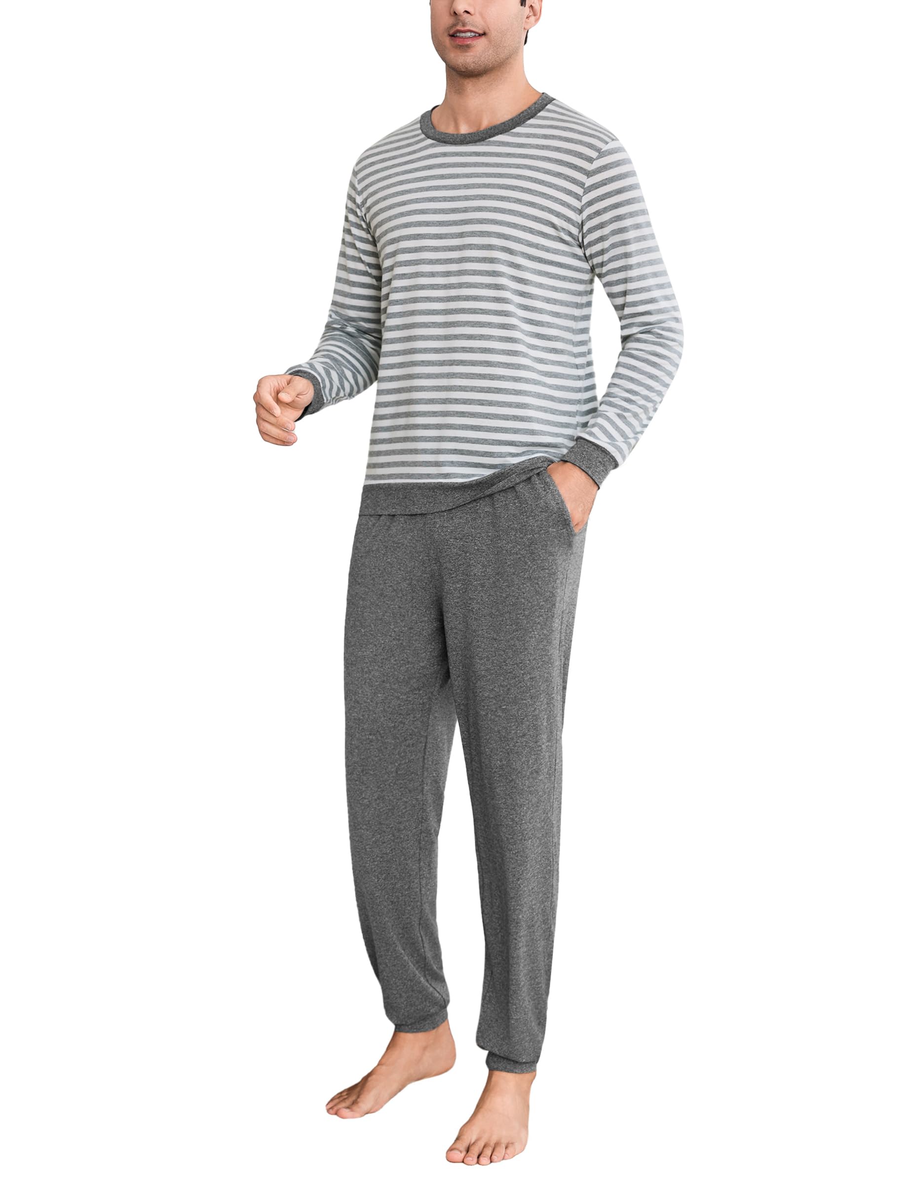 Bresdk Schlafanzug Herren Lang Pyjama Langarm Schlafanzüge für Herren Streifen Baumwolle Pyjamahose Zweiteilig Set