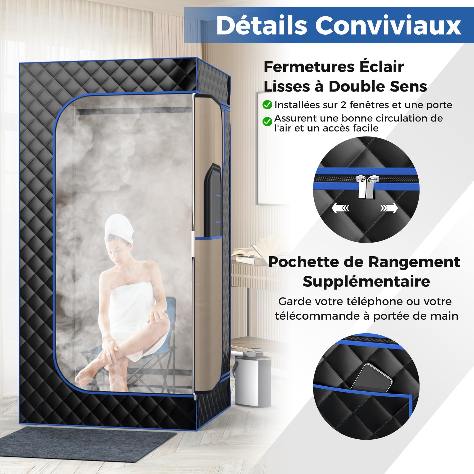 COSTWAY Sauna à Vapeur Portable 3L avec Chaise Pliable pour Tout le Corps, Tente de Sauna pour 1 Personne avec 9 Niveaux Température Masseur de Pieds Minuterie, pour Relaxation à la Maison (Noir)