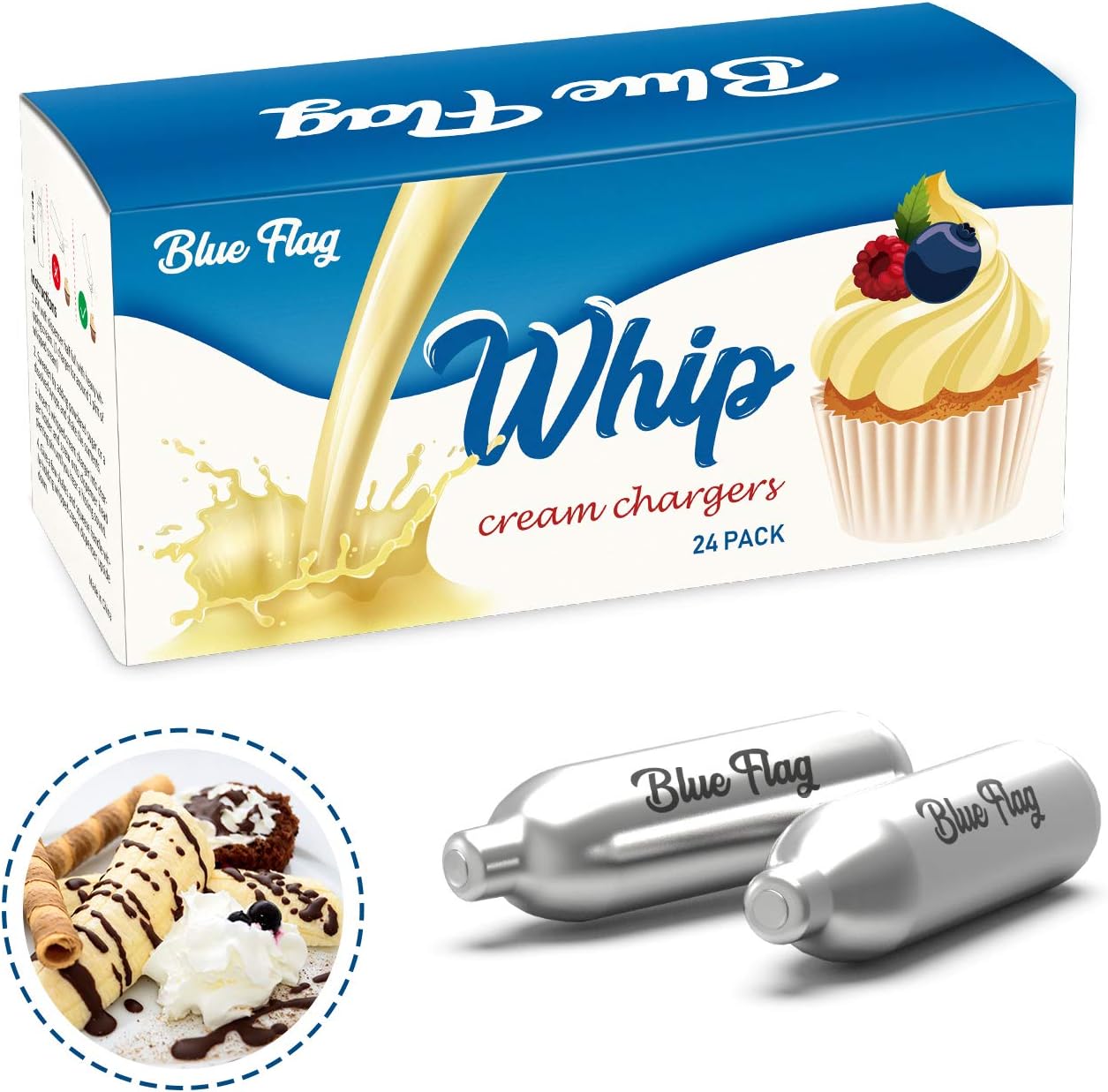 BLUE FLAG Whipped Cream Chargers N2O Nitrous Oxide 8-Gram Cartridge for Whipper Whipped Cream Dispenser(24 Pack)