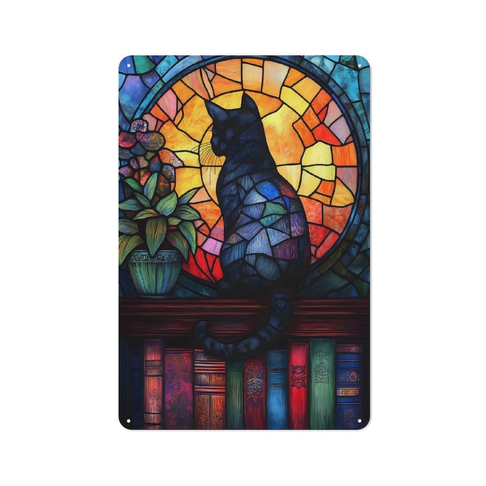 Junmoney Style-2 Modern Retro Decorative Metal Plaque 30X20cm Featuring Stained Glass Cat On Bookshelf, Loft Wall Plaque For Flat, Bar, Studio Or Gallery Wall