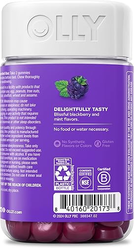 Miniatura 9 de OLLY Gomitas para Dormir, 3 mg de Melatonina, L-teanina, Manzanilla, Bálsamo de Limón, Ayuda para Dormir, Sabor a Mora, 90 Unidades