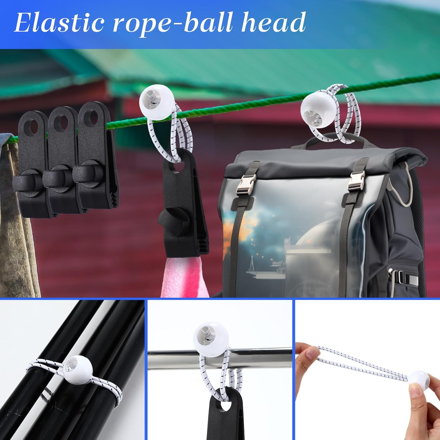 Yulejo 72 Pcs Tarp Clips and Ball Bungee Cords, Heavy Duty Lock Shark Tent Fasteners Clips Pool Awning Cover Camping Canopies Car Covers Tarp Clamps for Outdoor Tent (White)
