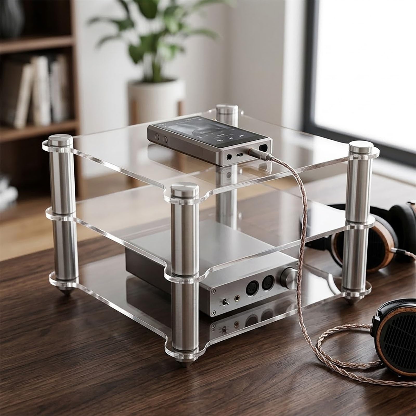 Mueble para tocadiscos y vinilos con estantes acrílicos y soporte para medios AV