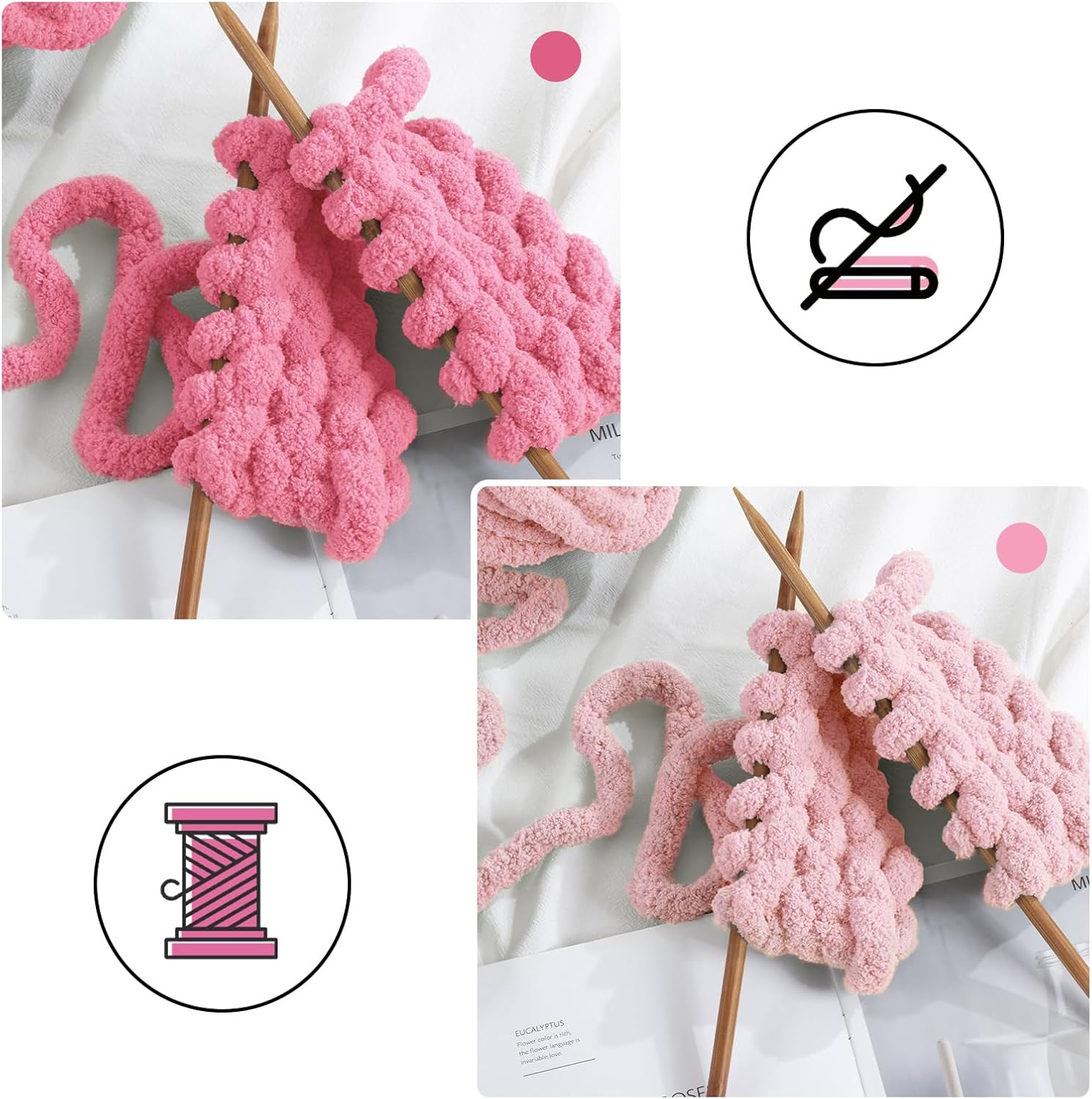 MABOZOO Assorted Chunky Yarn for Crocheting 8 Pack - Fluffy Jumbo Chenille, Soft Plush Bulky Yarn for Hand or Arm Knitting - 4 Pink & 4 Rose Red (27yds, 8 oz Each Skein)