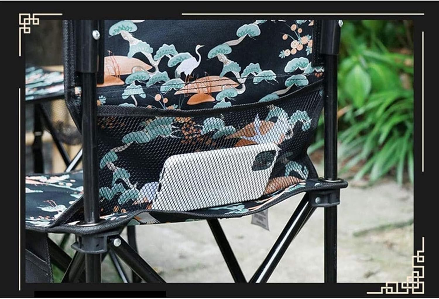 Chinese Style Double Pocket Folding Stool, Portable Camping Chair with Bags, Heavy Duty 441 lb Capacity for Travel, Beach, Fishing, Sports