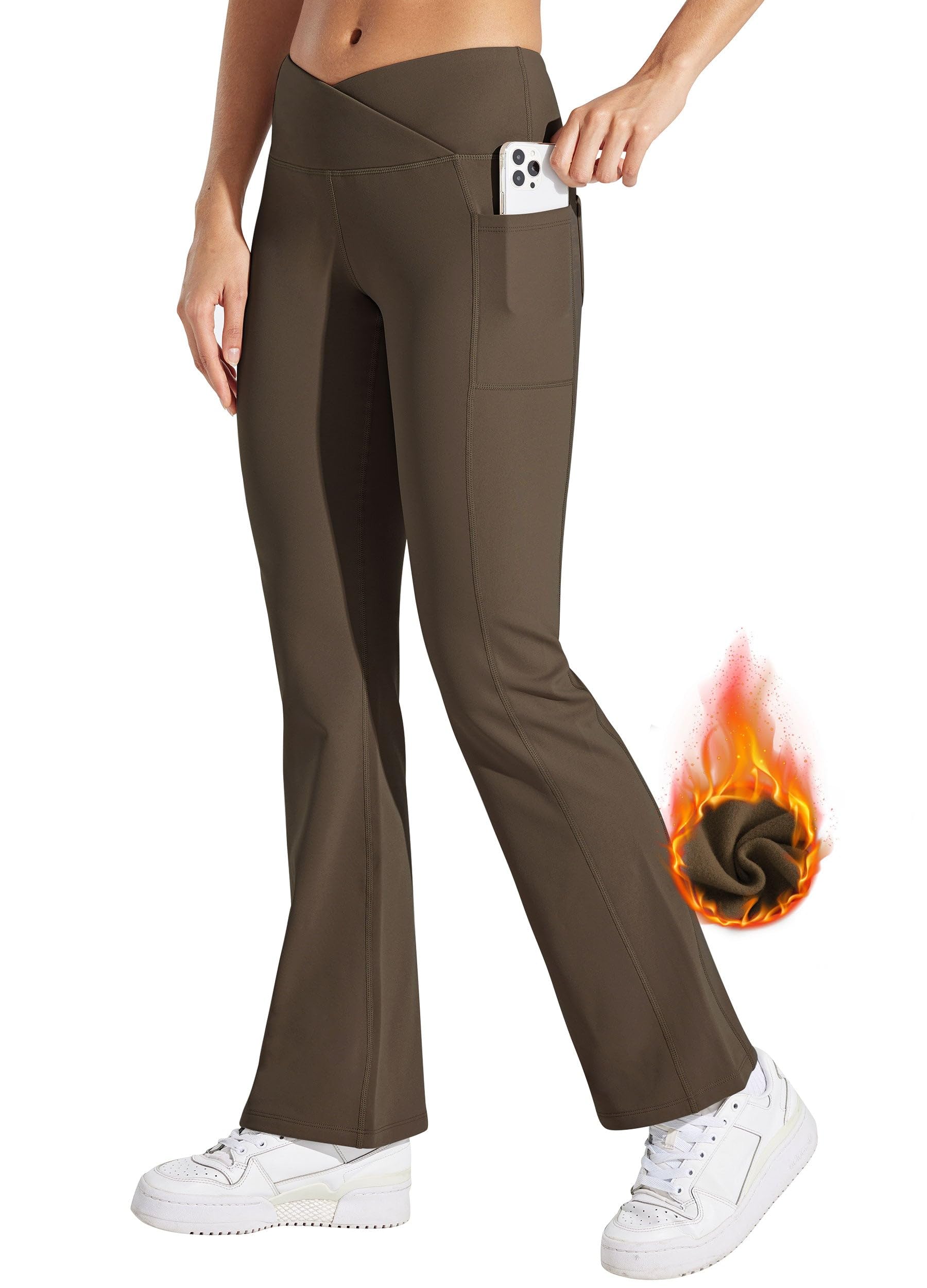 WILLIT Warm gevoerde bootcut fleecebroek voor dames, thermische leggings met zakken met ritssluiting, hoge tailleband, waterafstotend, winteryogabroek, donkerblauw, XL