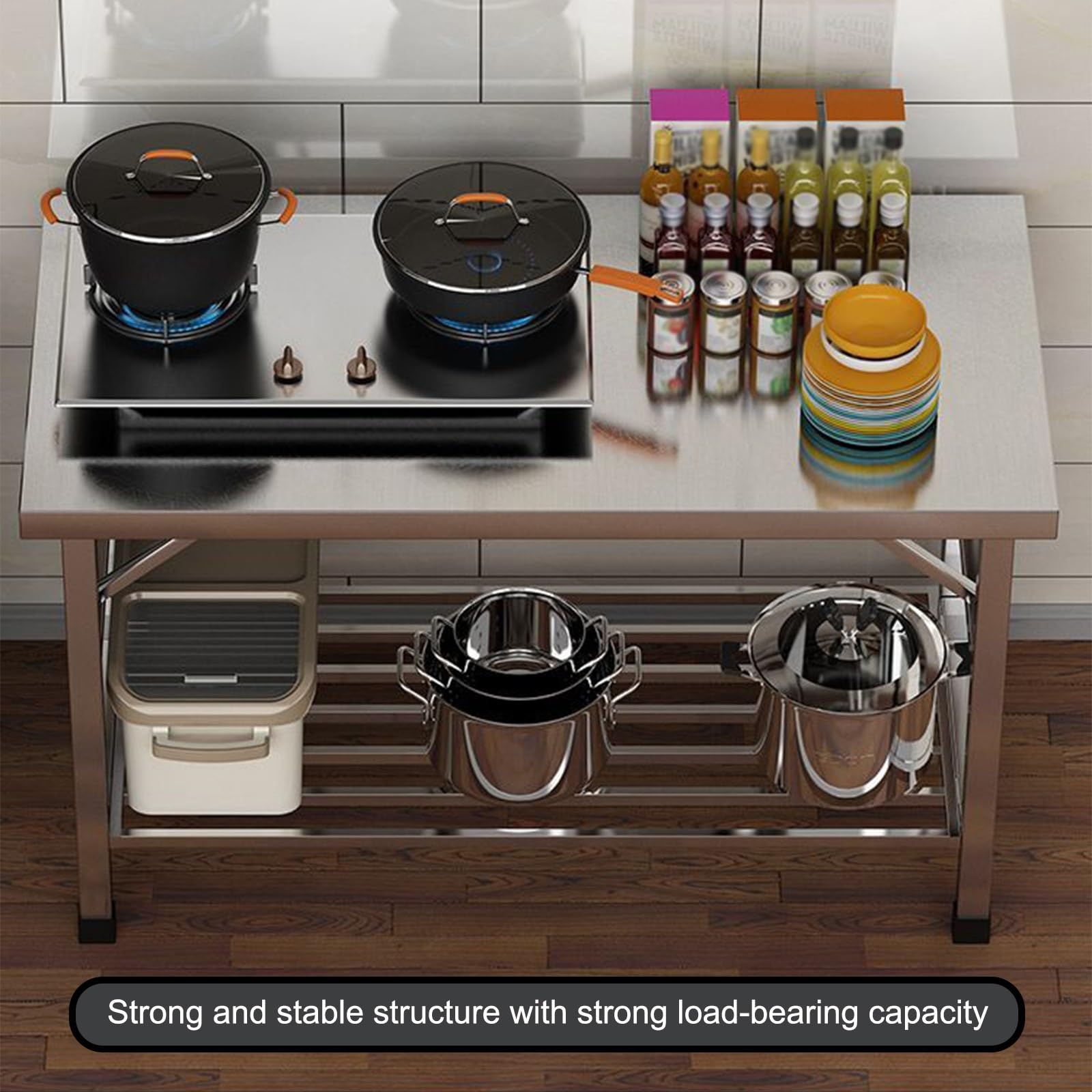 Mesa de trabajo de acero inoxidable con estante inferior, mesa de preparación comercial plegable para cocinas profesionales, restaurantes y uso doméstico