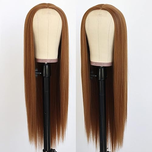 TaBeWay Brown Synthetic No Lace Wig Long Straight Glueless Heat Resistant Middle Part Synthetic Hair Wigs With Babyhair for Women