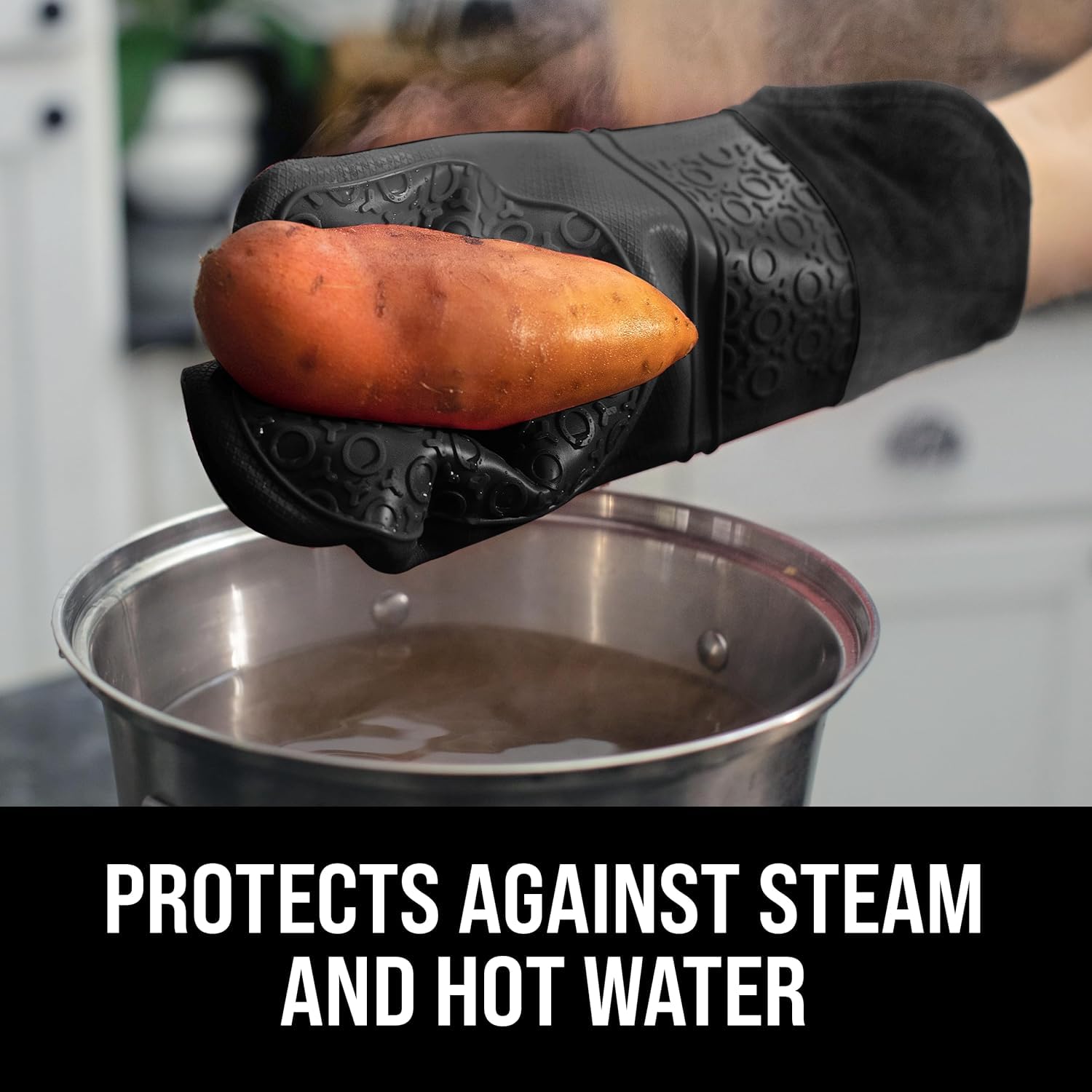 Guanto da forno extra lungo professionale in silicone - 1 paio - Guanto da cucina con guaina trapuntata - nero