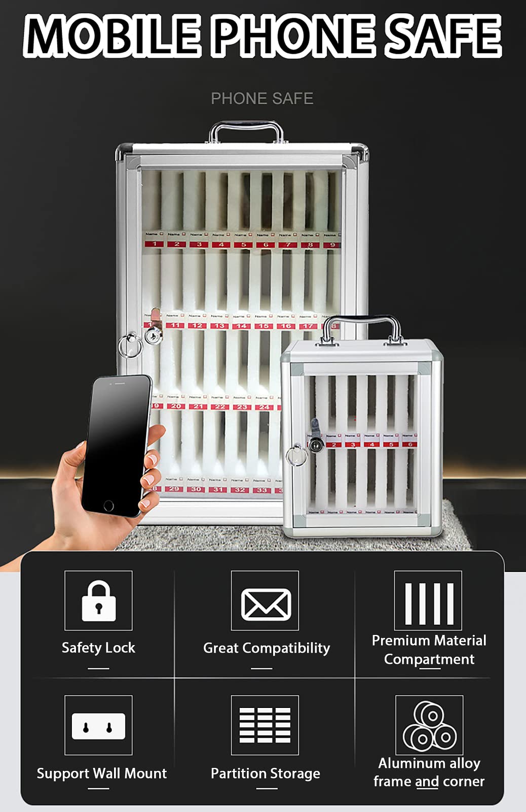 Supporto da parete per telefono con serratura di sicurezza, 12 scomparti, per ufficio, scuola e riunioni, soluzione salvaspazio per dispositivi mobili e accessori
