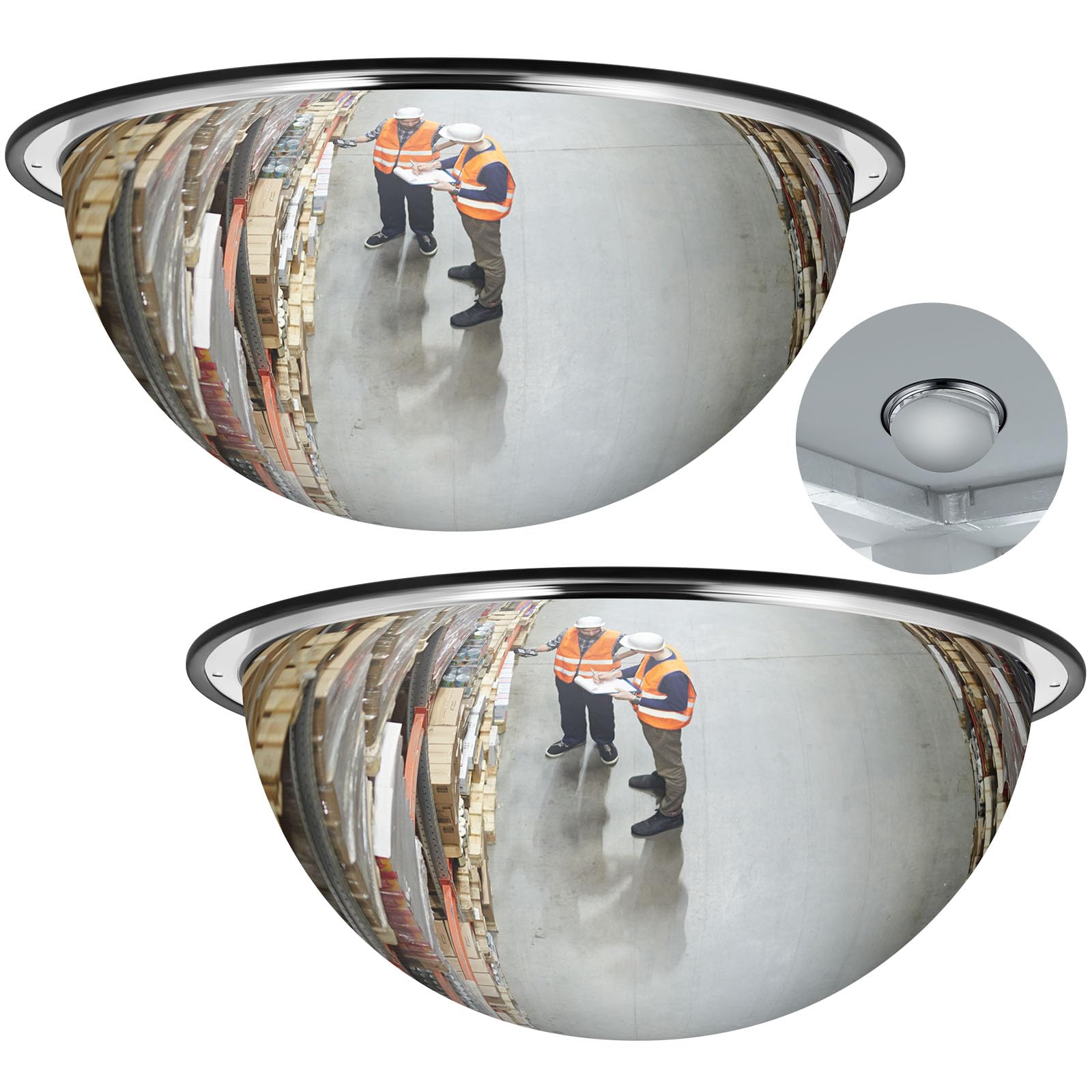 Photo 1 of 2 Pieces Corner Mirror Blindspot for Wall Safety Security Acrylic Dome Mirror Convex Mirror Indoor for Ceiling Driveway Outdoor Hallway Warehouse Office Side View,18"diameter(Full Dome)