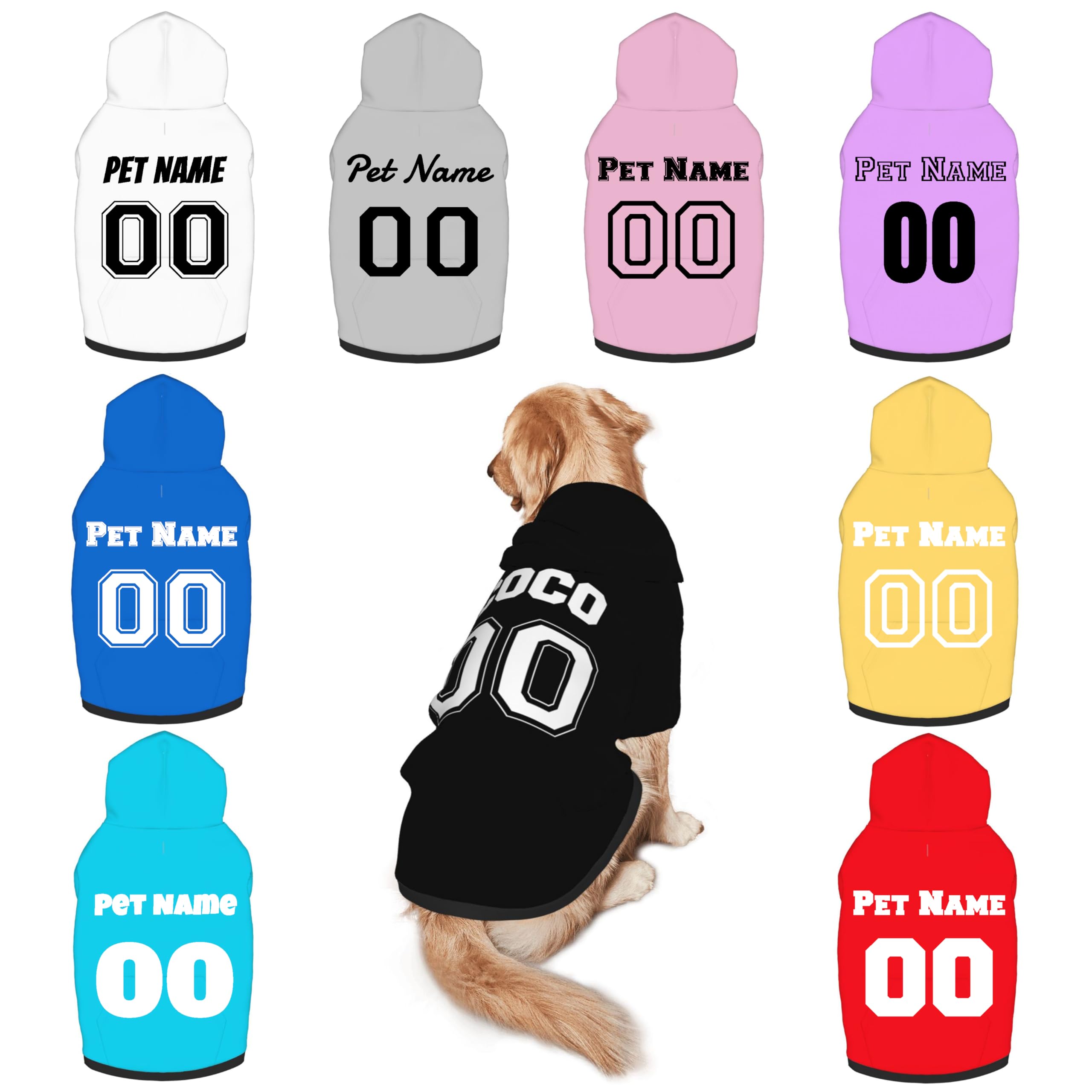 Customizable Dog Jerseys, Personalized Dog Clothes Puppy Sweatshirt Hooded with Pockets, Pet Pullover Hoodie Custom with Name/Text/Photo/Logo for Small/Medium/Large Dogs