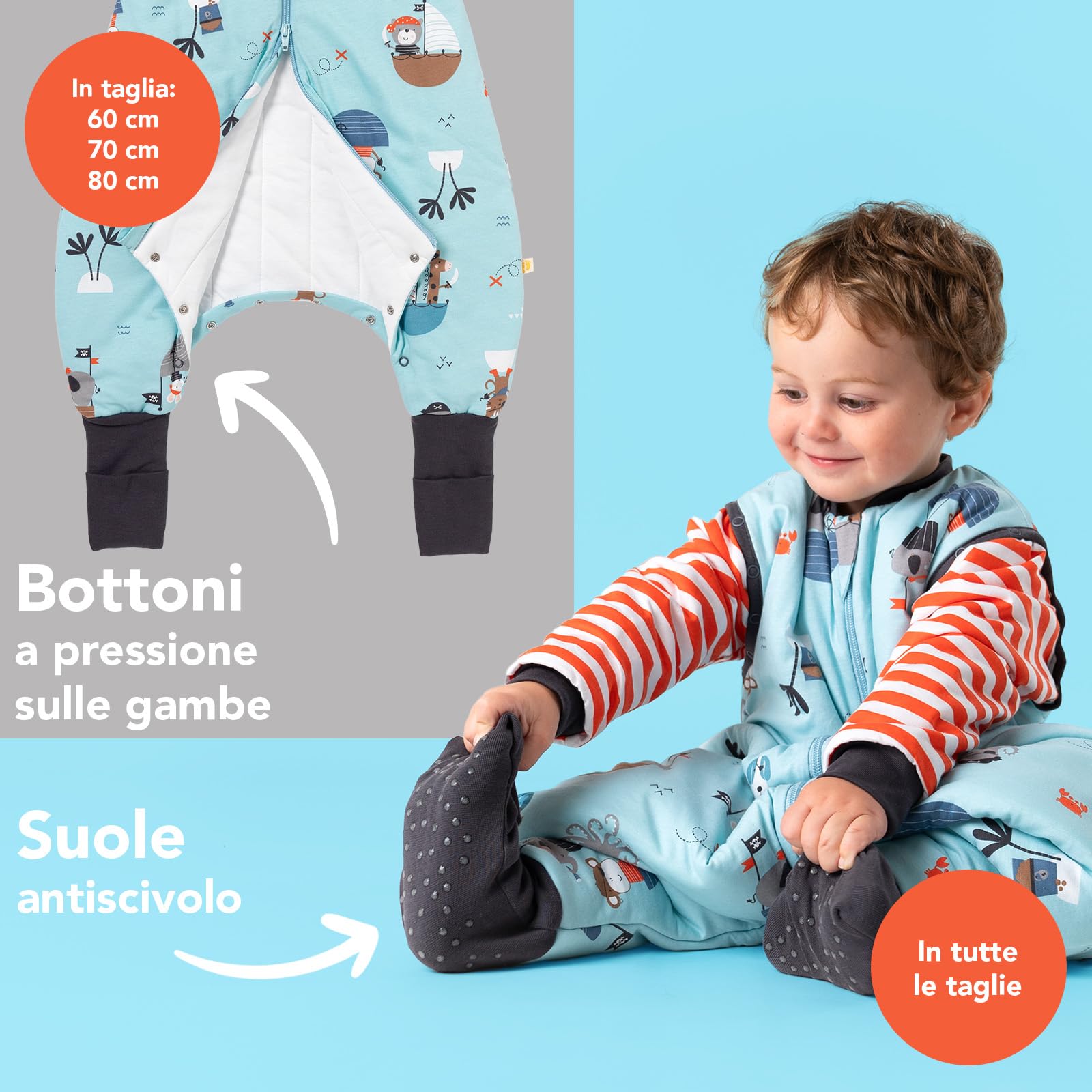 Sacco nanna con aperture per i piedi, per tutto l’anno, 2,5 Tog, unisex con elefanti, disponibile in 5 taglie diverse