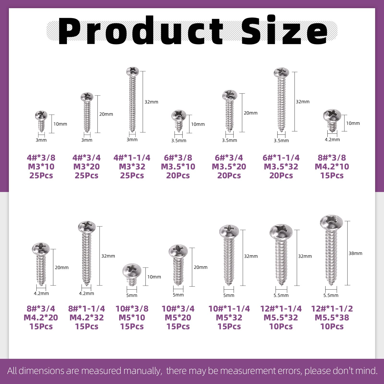 Swpeet 245Pcs 14 Sizes #4#6#8#10#12 304 Stainless Steel Pan Head & Round Head Self Tapping Screws Assortment Kit - Image 2