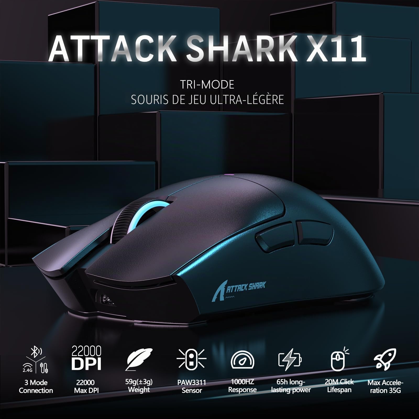 LexonElec x Attack Shark X11 Souris de Jeu sans Fil avec Station de Chargement Magnétique RVB, PixArt PAW3311, Souris de Jeu Tri-Mode Ultralégère 59 g, Filaire/2,4 G/BT, 22K DPI-Black