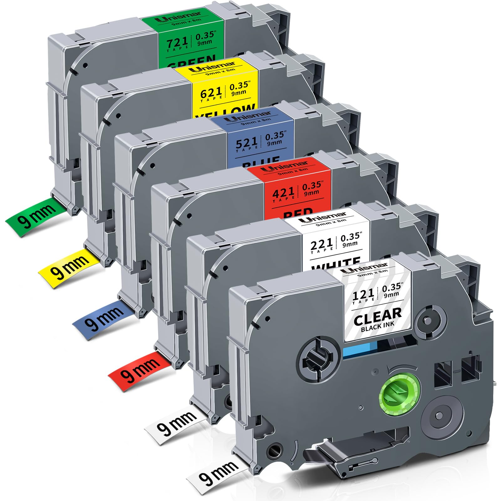 6-Pack TZe TZ Tape 9mm 0.35" Laminated Colored Compatible for Brother P Touch Label Tape 3/8 Inch for PT-D210 D220 H110 D400 Label Maker, Clear/White/