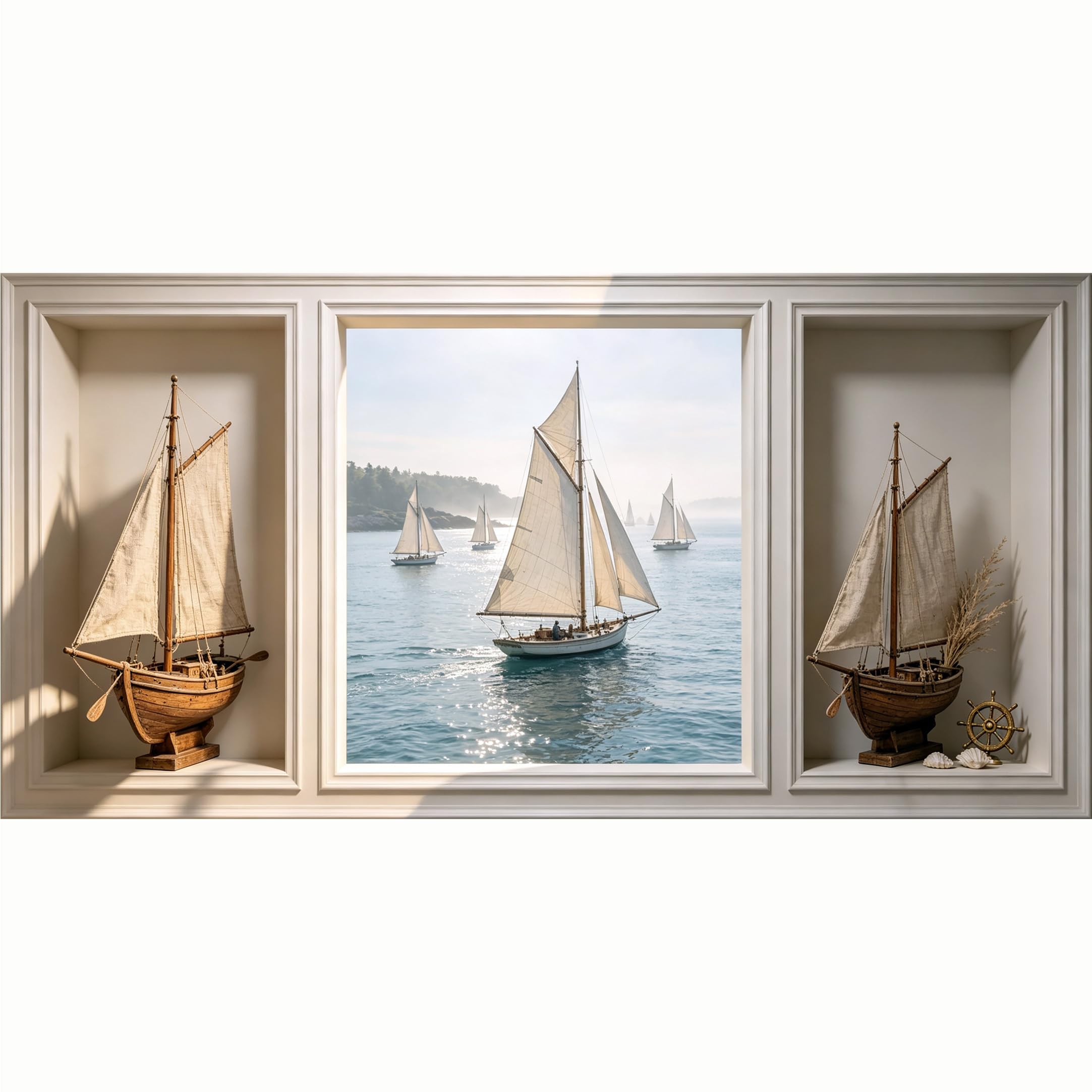 QZLITHOTIC 50x100cm 3D Framed Wall Art， Coastal Sailboat Ocean View Self‑Adhesive Mural， Water‑Activated Peel & Stick Fabric Decor Wall Decal for Bedroom Living Room