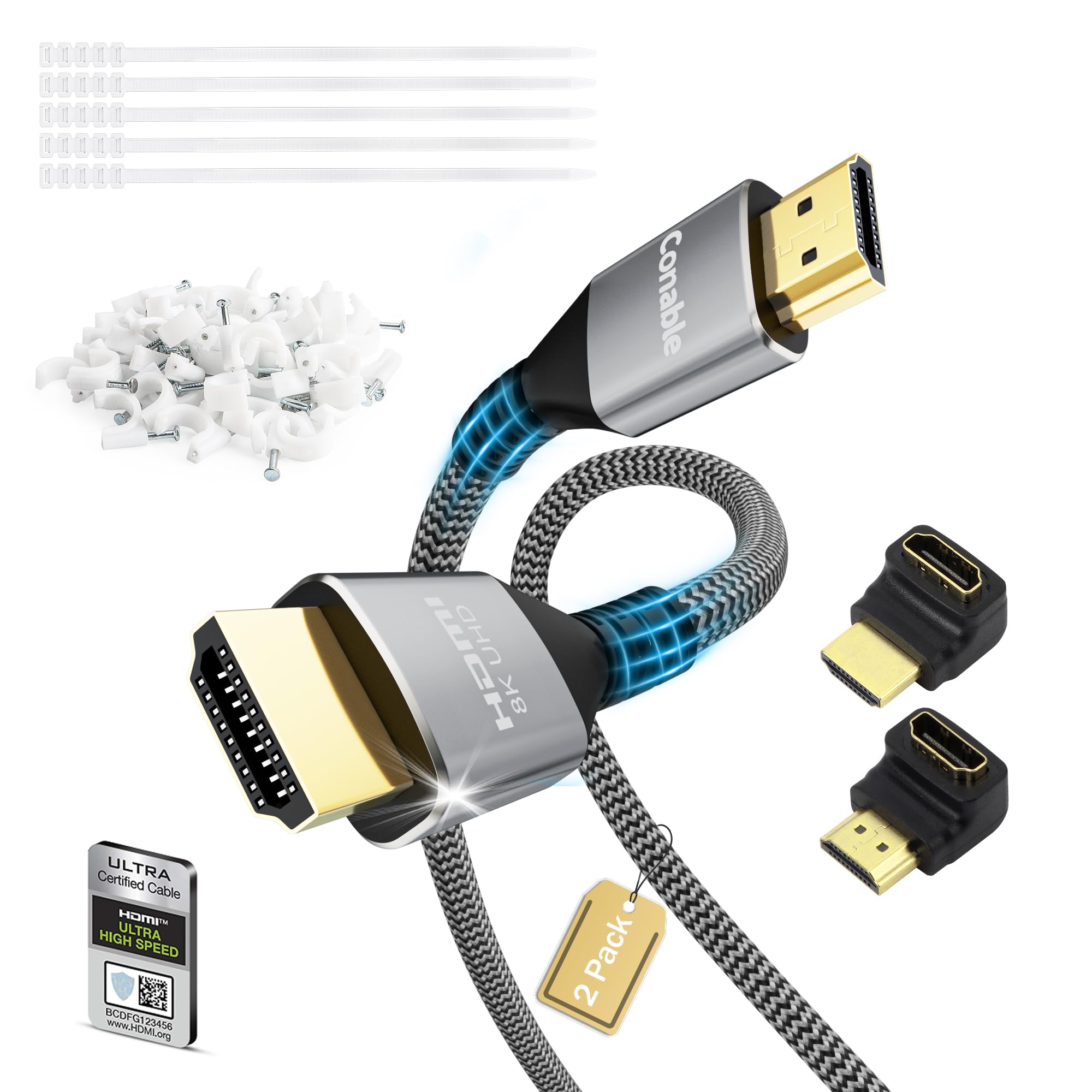 Cable HDMI certificado, cable real 8K 2.1 (paquete de 2, 16.5 pies + 16.5 pies)/5 m, 48 Gbps, cable trenzado Ultra HD, soporta 8K a 60Hz 4K a 120Hz, eARC, HDR, HDCP 2.2 2.3, para laptop, monitor,
