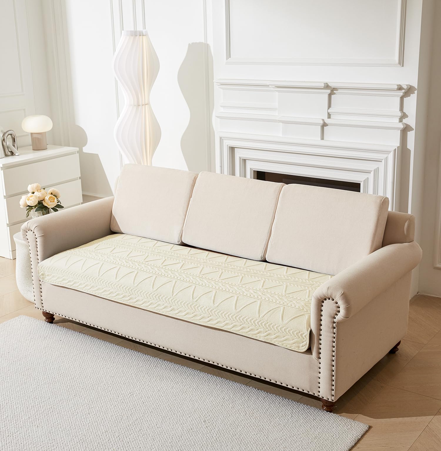 House of Quirk Sofa Covers Cotton Quilted Fabric 1/2/3/4 Seater Sofa Cover Corner Sofas Slipcovers Anti-Slip Stretch Seat Pad from Pets Replacement Protector (Three Seater, Beige, 70x180cm)-image-7