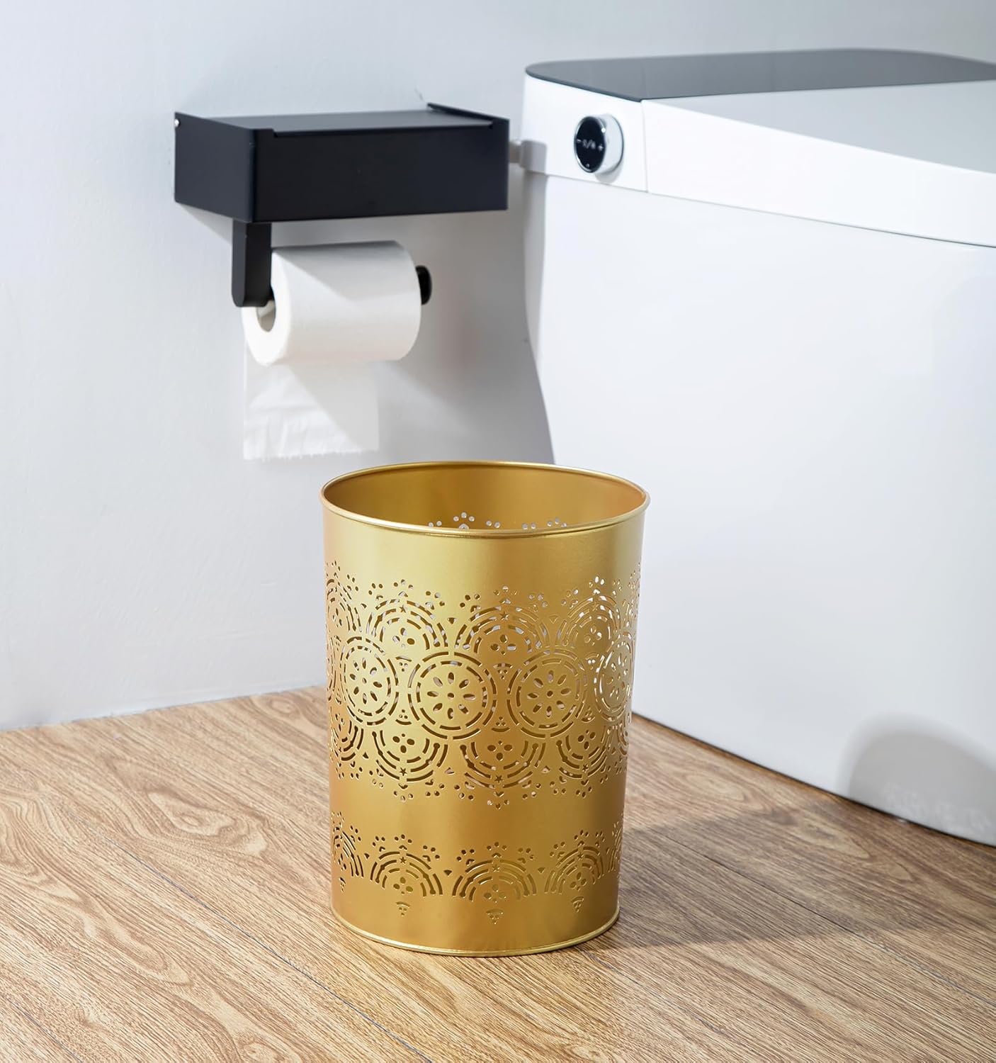 Venalys Small Gold Metal Trash Can Wastebasket, Decorative Hollow-Out Garbage Can Waste Paper Bin, Modern Farmhouse Round Trash Bin for Bathroom, Bedroom, Kitchen and Office (Lace)