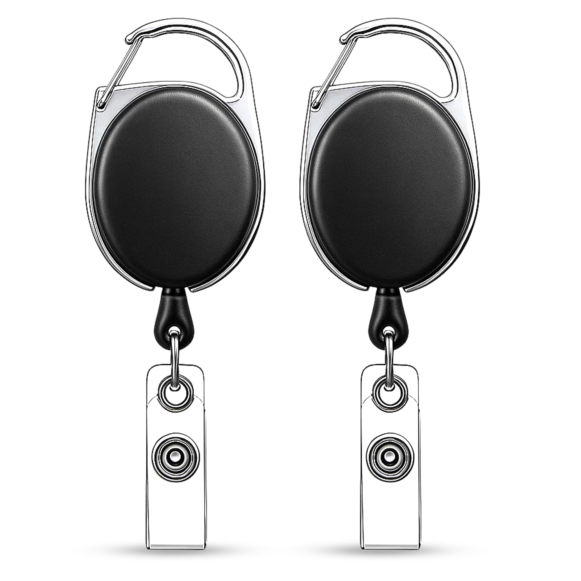 GLUN® Black Oval Round ID Reel Holder, Set of 2 Retractable Clip Badge Card Holders for Office Employees