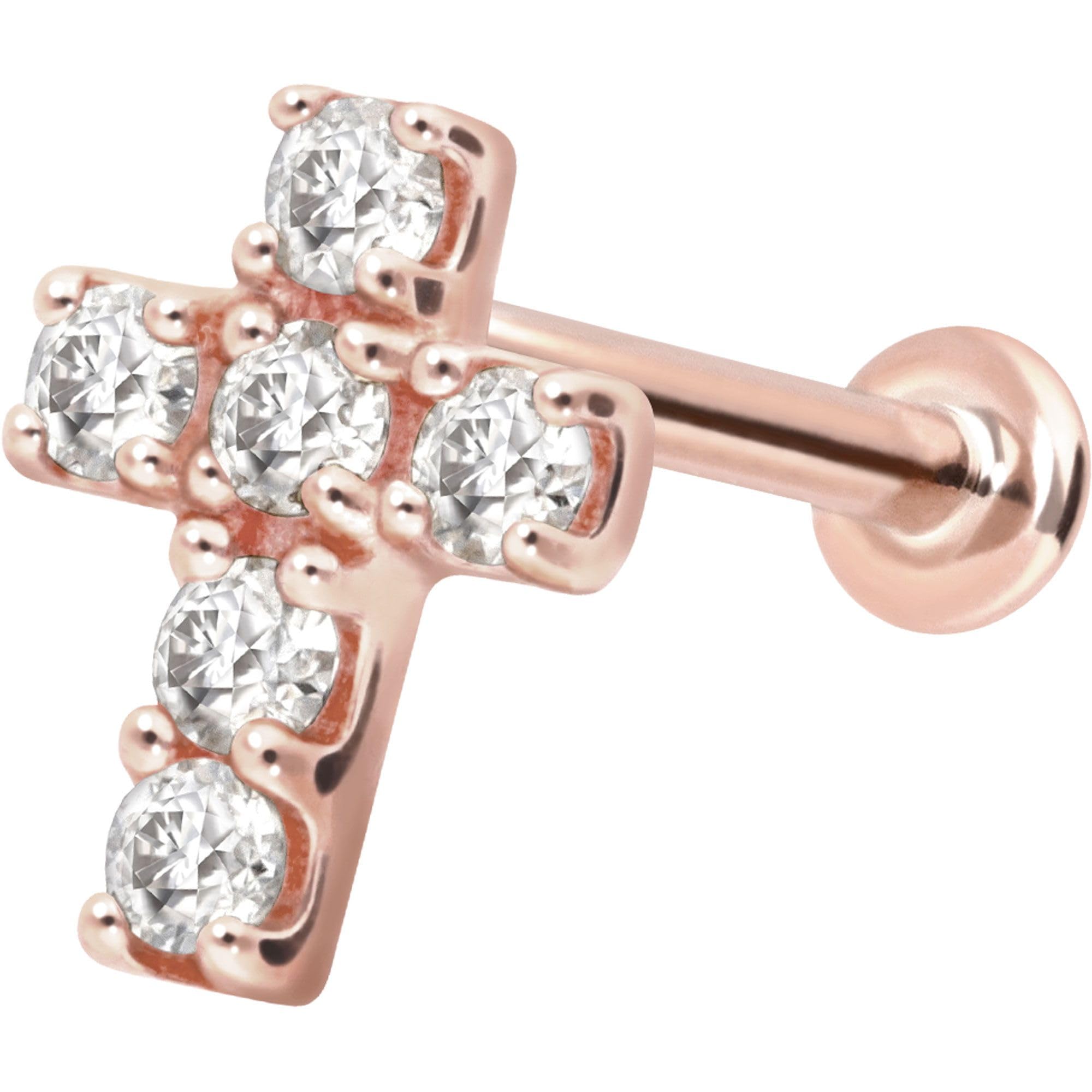 PIERCINGLINE Piercing Stecker 14 Gold Labret mit Push Fit MOISSANIT-KREUZ 585er Gold - Roségoldfarben, Goldfarben, Silberfarben