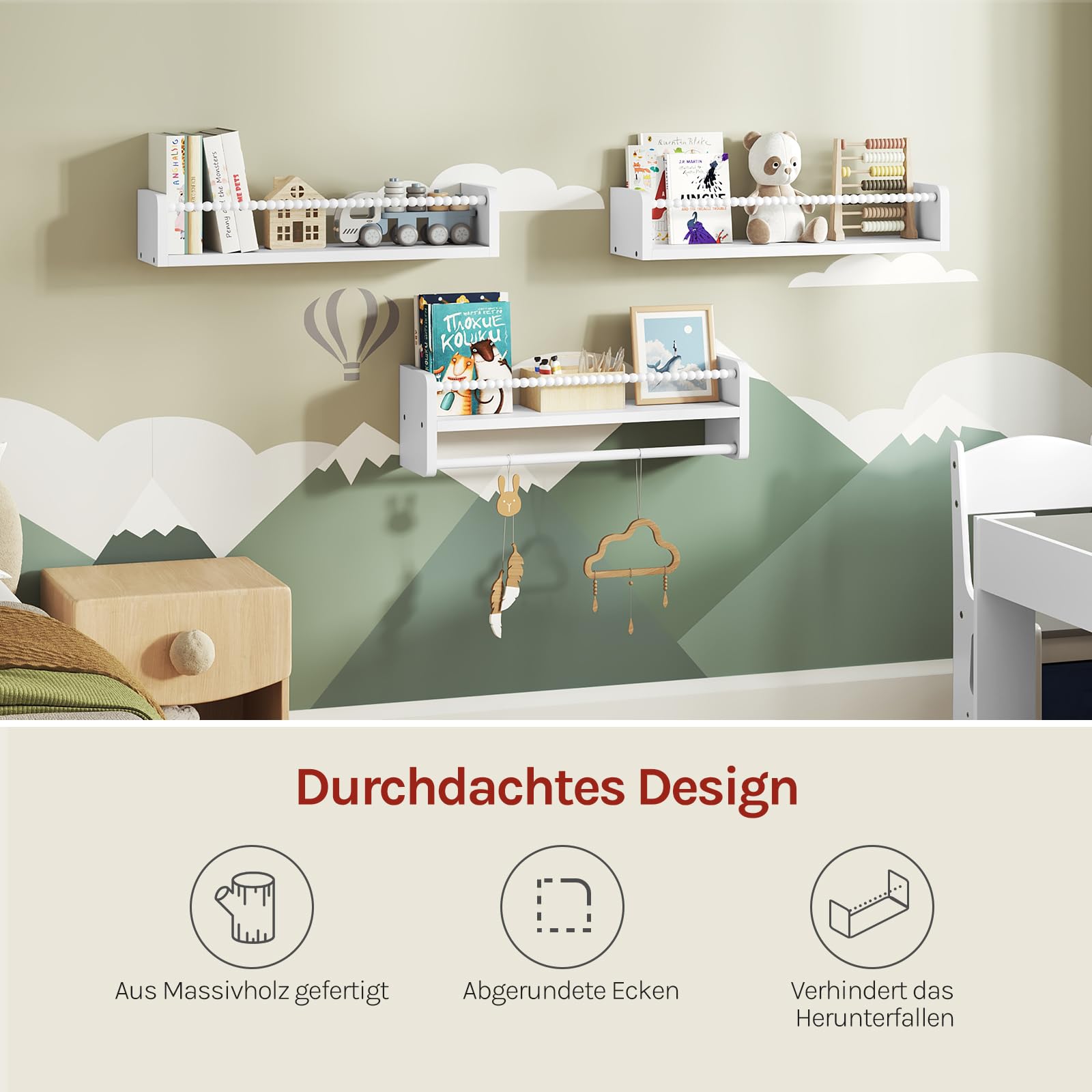 WOLTU 3er Set Kinder Bücherregal Wand, 50cm Wandregal Kinderzimmer, aus Massivholz, Hängeregal Schweberegal Kinderregal, Montessori Regal, für Bücher Spielzeug, Weiß