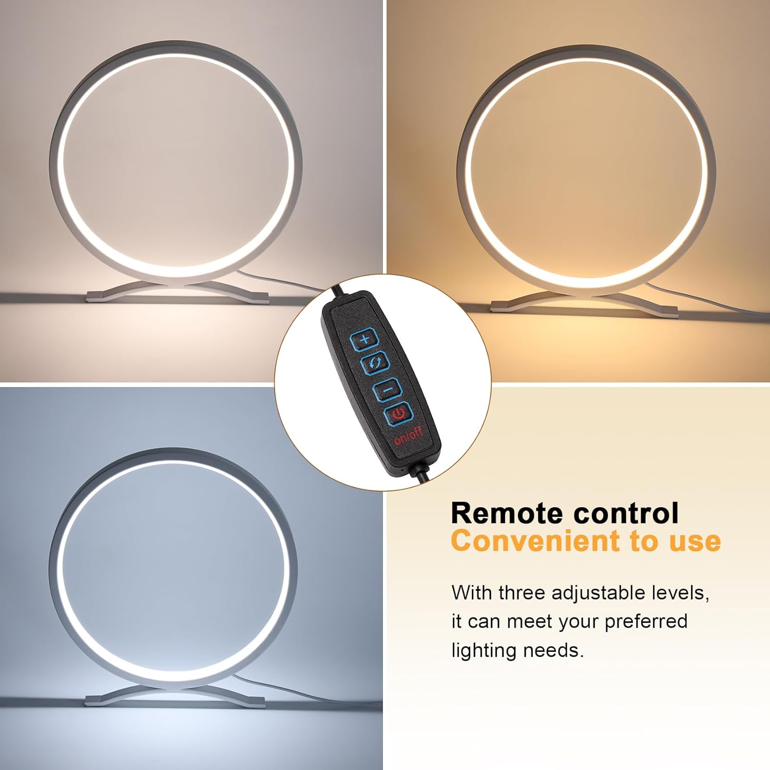 White Modern Circle Table Lamp, Dimmable LED Nightstand Lamp with On/Off Switch, 3 Color Temperments, Minimalist Desk Lamp for Bedroom, Living Room, Office, Home Decor (White)