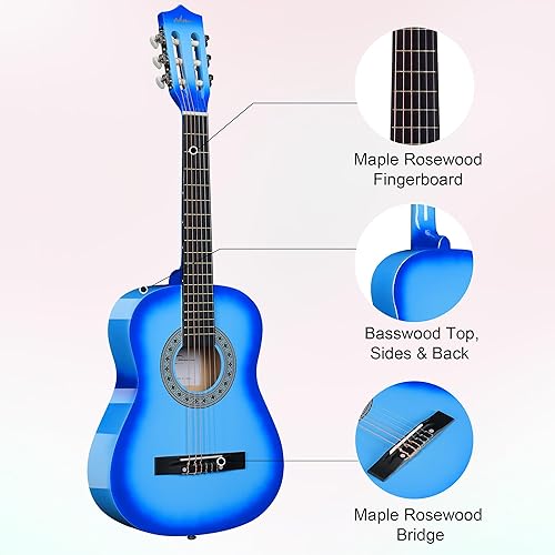 Vista 94 de ADM - Guitarra acústica para principiantes de 30 pulgadas, cuerdas de nailon, guitarra de madera para niños y estudiantes, lecciones en línea
