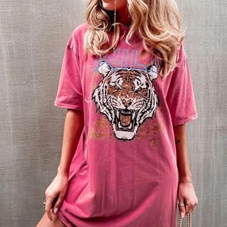 CAIAO Camiseta Vintage de Tigre de Letra Retro de Color Rosa Negro-Pink,XS