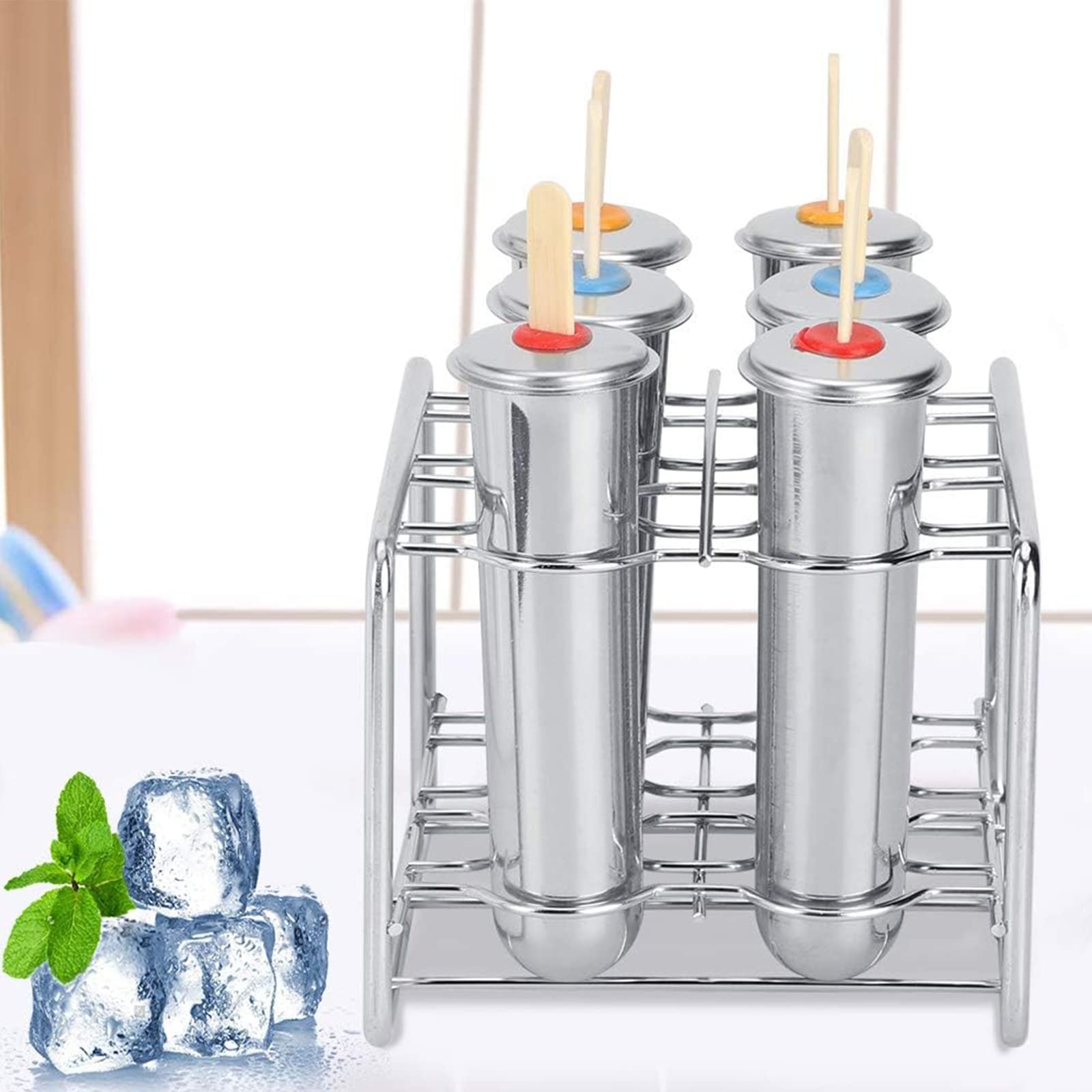 Molde de acero inoxidable para paletas, bandeja de helados, con 50 palitos de madera, 20 bolsas para reventar, 1 cepillo de limpieza para paletas de hielo, caramelos, jugos y batidos de frutas