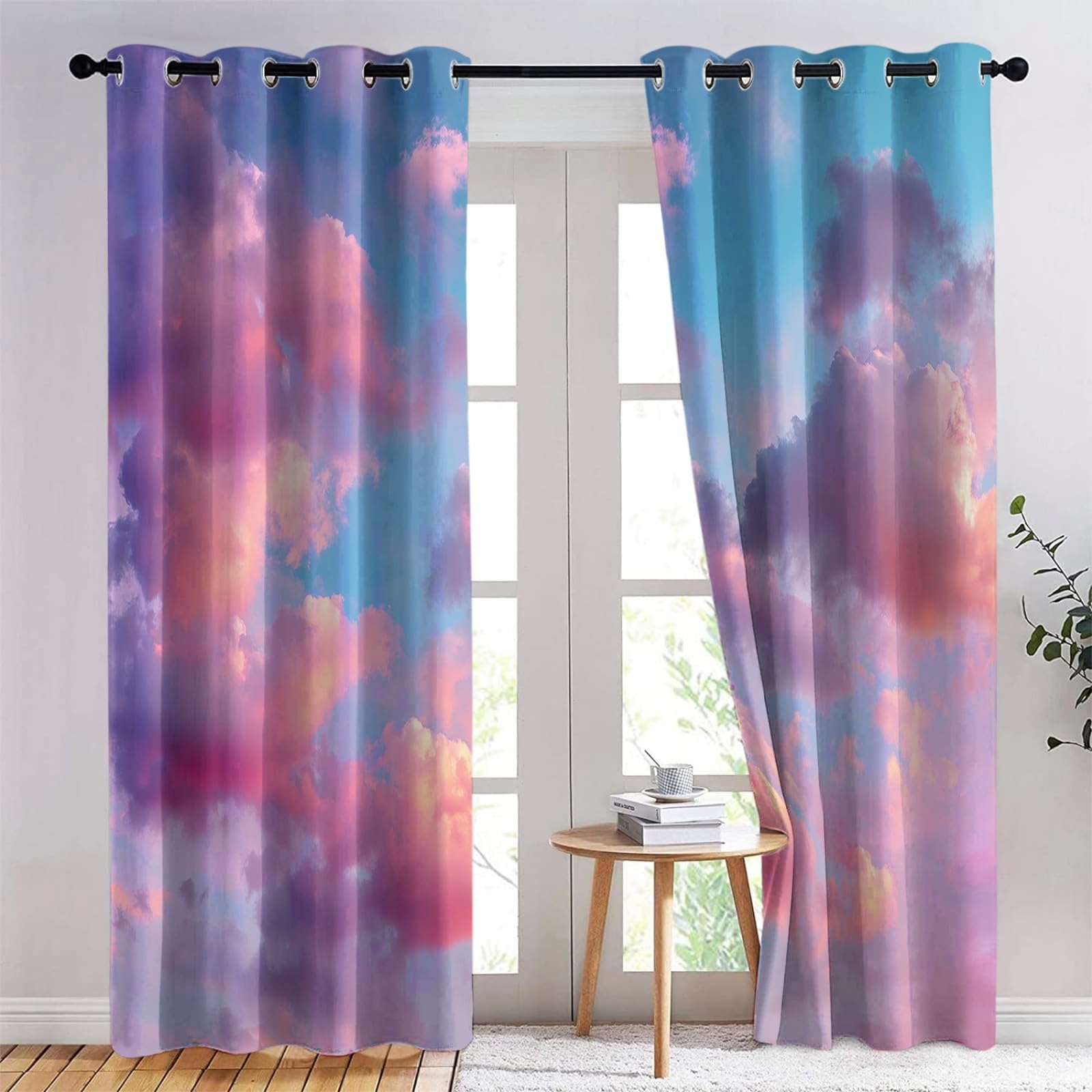 Generisch Verdunklungsvorhänge Retro Wolken Kinderzimmer Vorhänge Blickdicht, Rosa Thermovorhang mit Ösen, für Schlafzimmer Fenster & Balkon Himmel Natur Fantasie - 110 x 215 cm (2er Set)