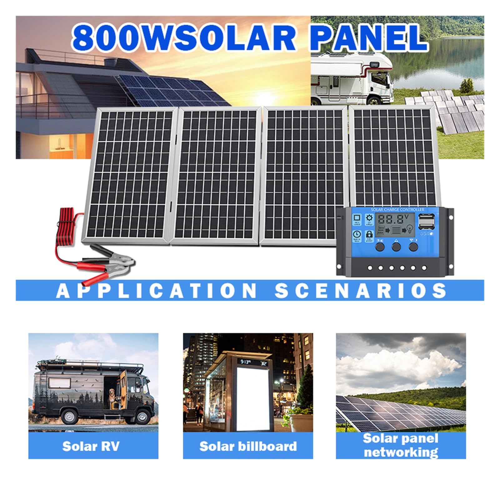 Panneau solaire portable pliable d'efficacité 800W 12V, cellules en silicium polycristallin, idéal for le camping en plein air, le camping-car, la navigation de plaisance