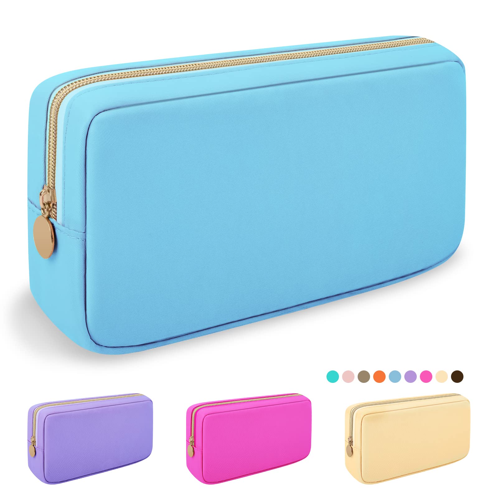 Iqimott Nylon Small Makeup Bag Cosmetic Zipper Pouch for Purse, Preppy Makeup Bag Compact Make up Pouch Toiletry Bag, Waterproof Zipper Purse Travel Coin Pouch Storage Bag for Women Girls Teens(Blue)