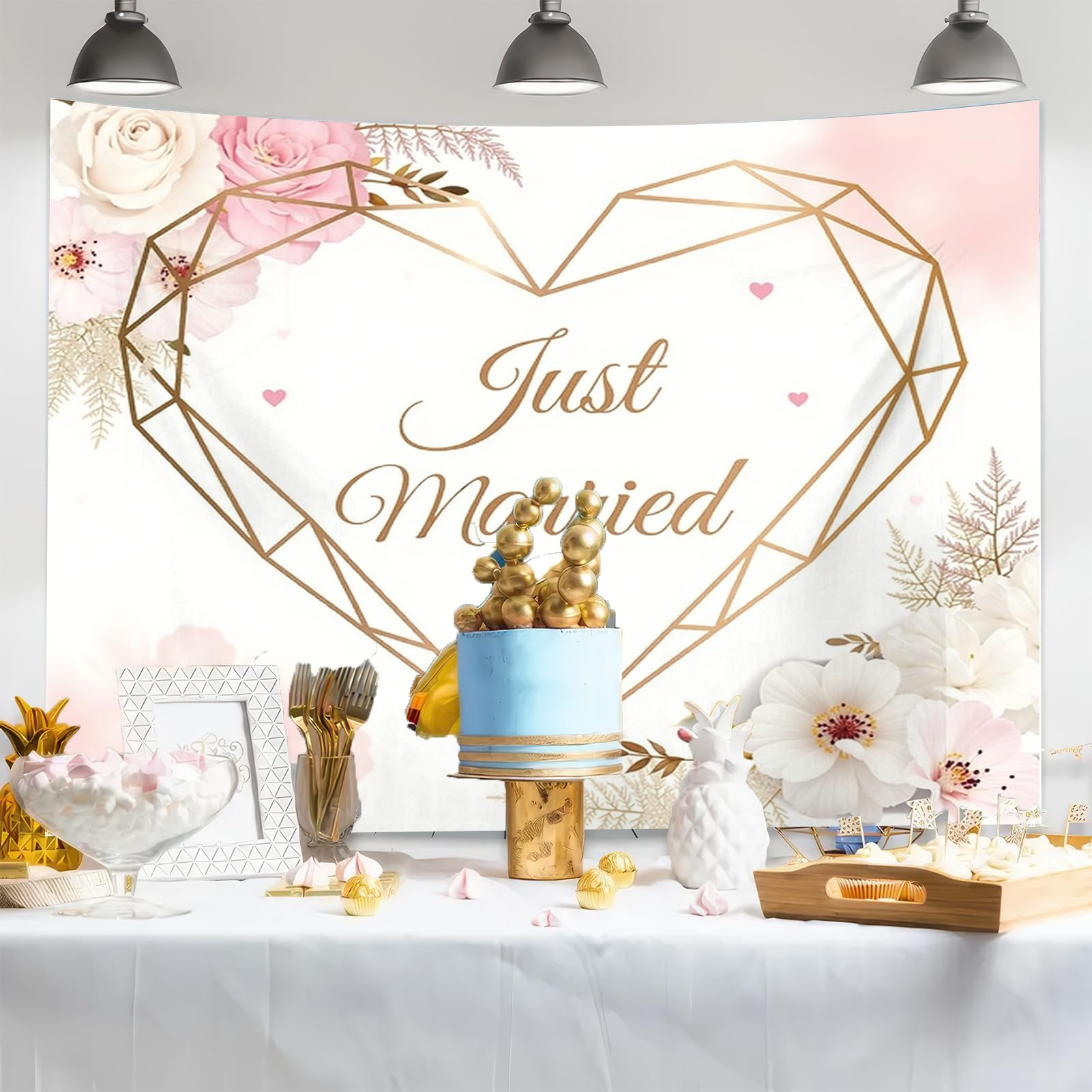 Fotohintergründe mit Aufschrift "Just Married", 238,8 x 180,3 cm, Polyesterstoff, das Herz der Ehe, Hochzeitsdekorationen, Fotohintergrund, Herz, Fotoshooting, Dekoration, Requisiten
