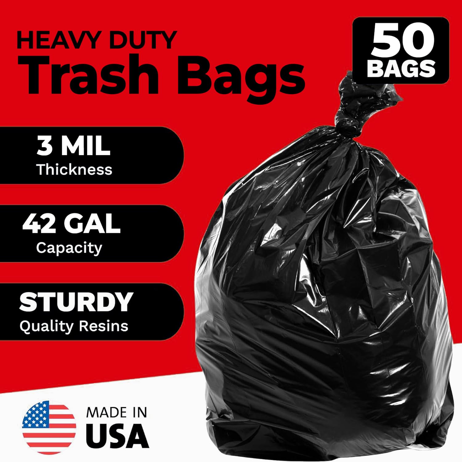 Toughbag Bolsas de basura para contratistas de 42 galones, 3.0 mil, 50 bolsas de basura (negro)