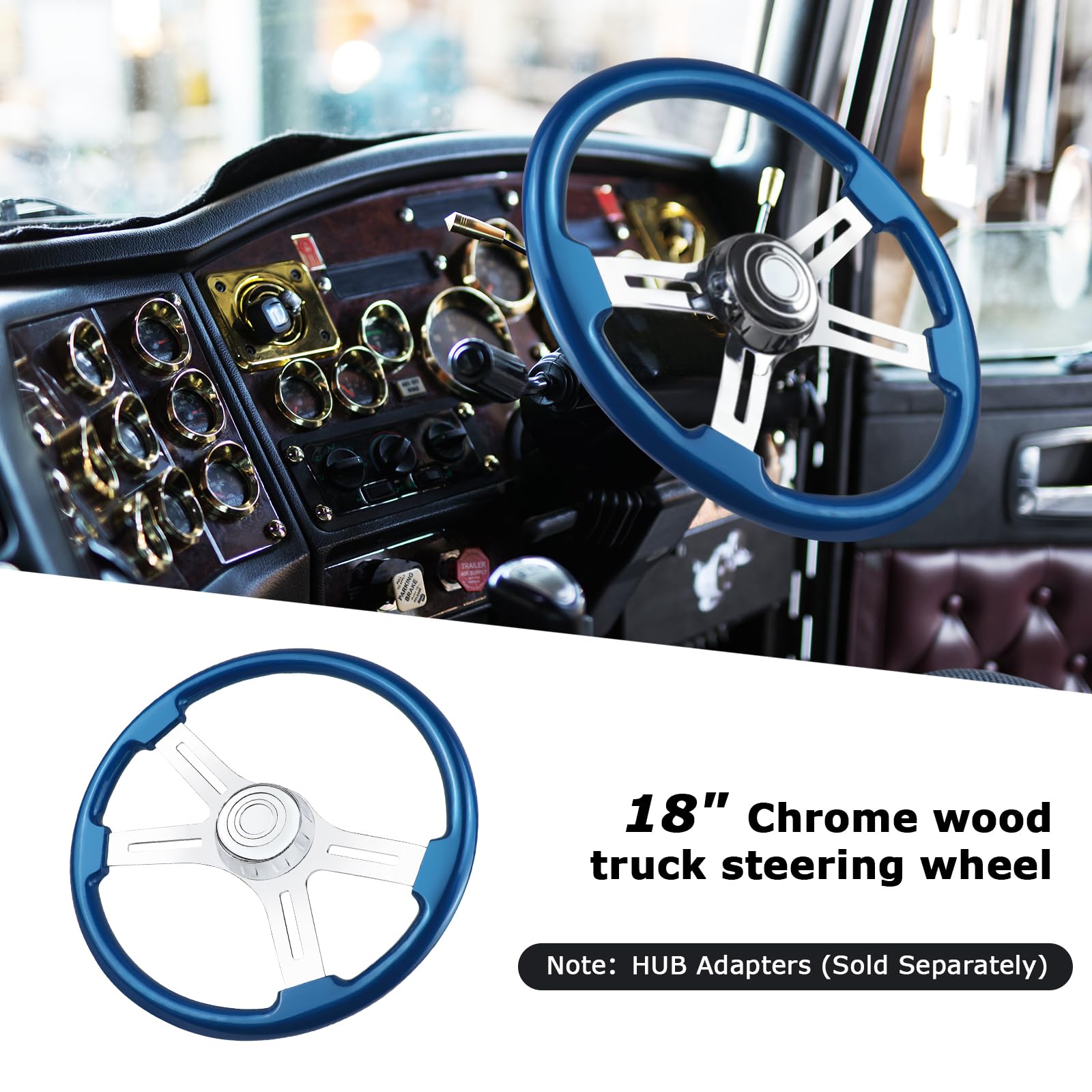 QYMOPAY 18in Solid Wood lacquering Truck Steering Wheel 4 Spoke