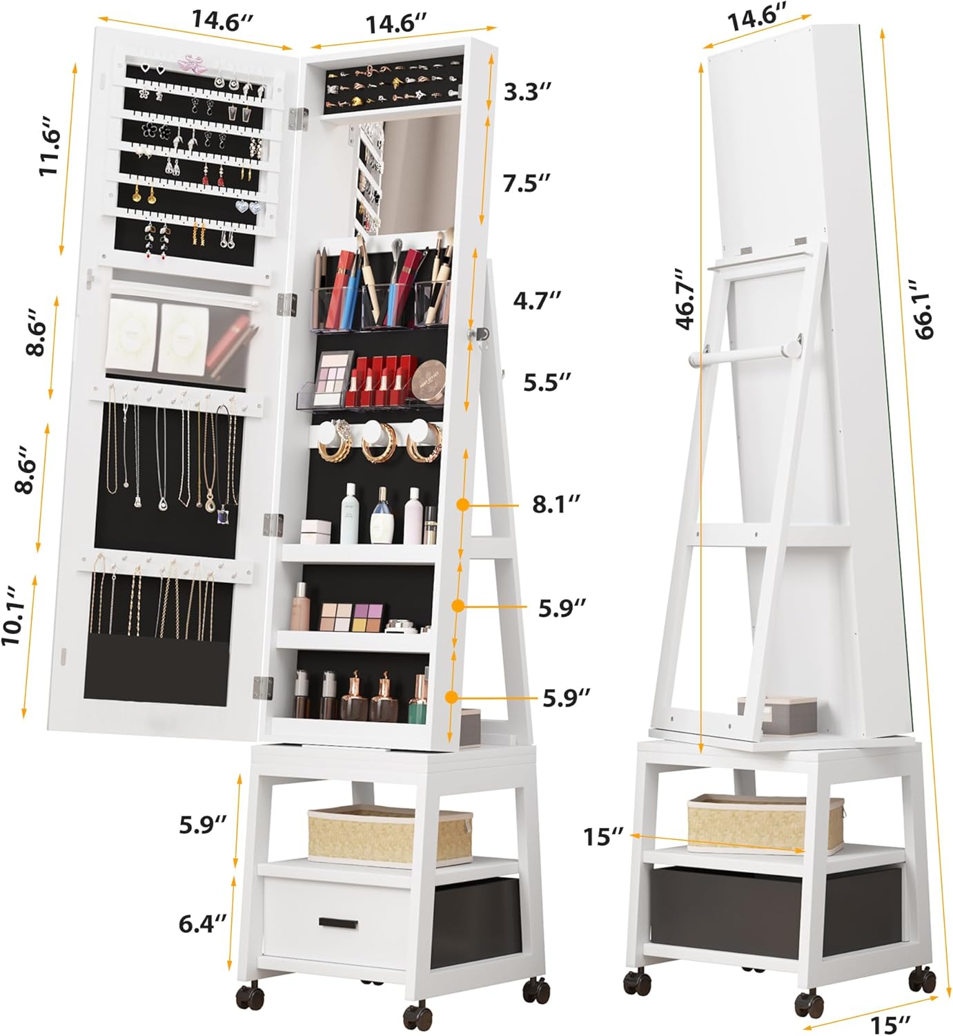 Alkmaar 360° Swivel Jewelry Armoire, Floor Standing Locking with Full Length Mirror,Bottom Drawer, Shelf, Wheels,White Cabinet with Large Storage Capacity (White push-pull)