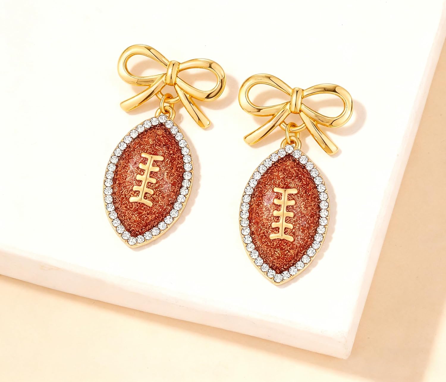 YUJIE Football Dangle Earrings for Women Gold-Tone Bow Tie Earrings - Rhinestone Sporty Sweet Statement Jewelry for Football Fans - Image 6