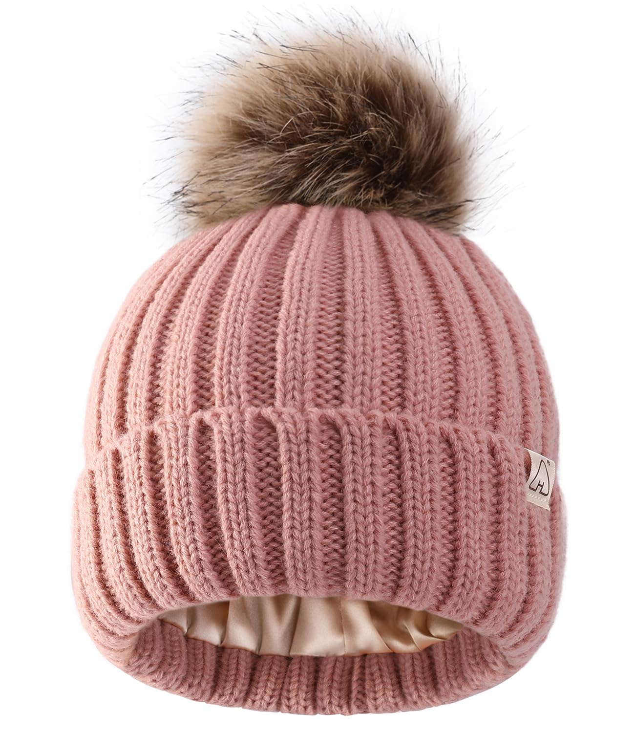 Hat Hut Men's A3-Pink Toddler Beanie Satin Lined Beanie For Baby Winter Hats For Kids Bobble Hat Pom Pom Hat For Boys Girls (A3-Pink)