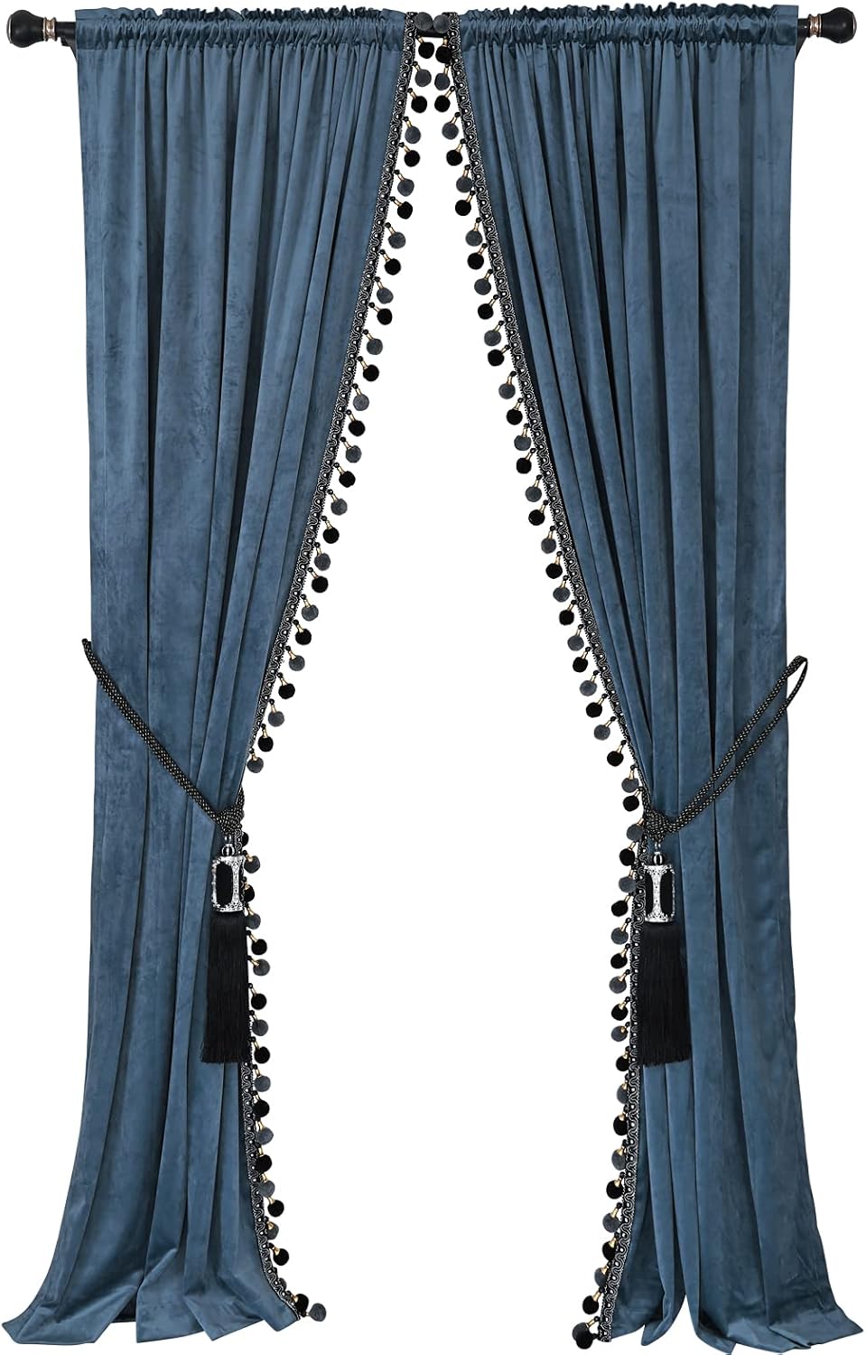 Luxury Pom Poms Curtain for Living Room Blackout Velvet 2 Panels Curtains Set Luxury Tassel Bedroom Curtains（Grey-Blue,(50W×96L)×2）
