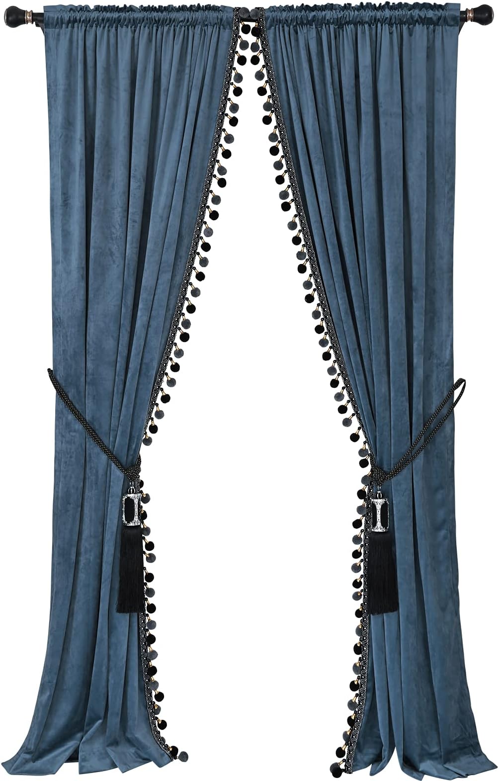 Luxury Pom Poms Curtain for Living Room Blackout Velvet 2 Panels Curtains Set Luxury Tassel Bedroom Curtains(Grey-Blue, （50W×84L）×2)