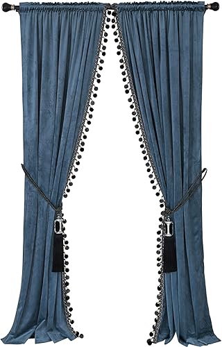 Miniatura 11 de Cortinas de Pompones de Lujo para Sala de Estar, Cortinas de Terciopelo Opaco de 2 Paneles, Juego de Cortinas de Dormitorio de Lujo con Borlas