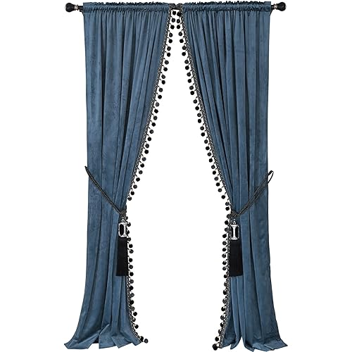 Luxury Pom Poms Curtain for Living Room Blackout Velvet 2 Panels Curtains Set Luxury Tassel Bedroom Curtains(Grey-Blue, （50W×84L）×2)