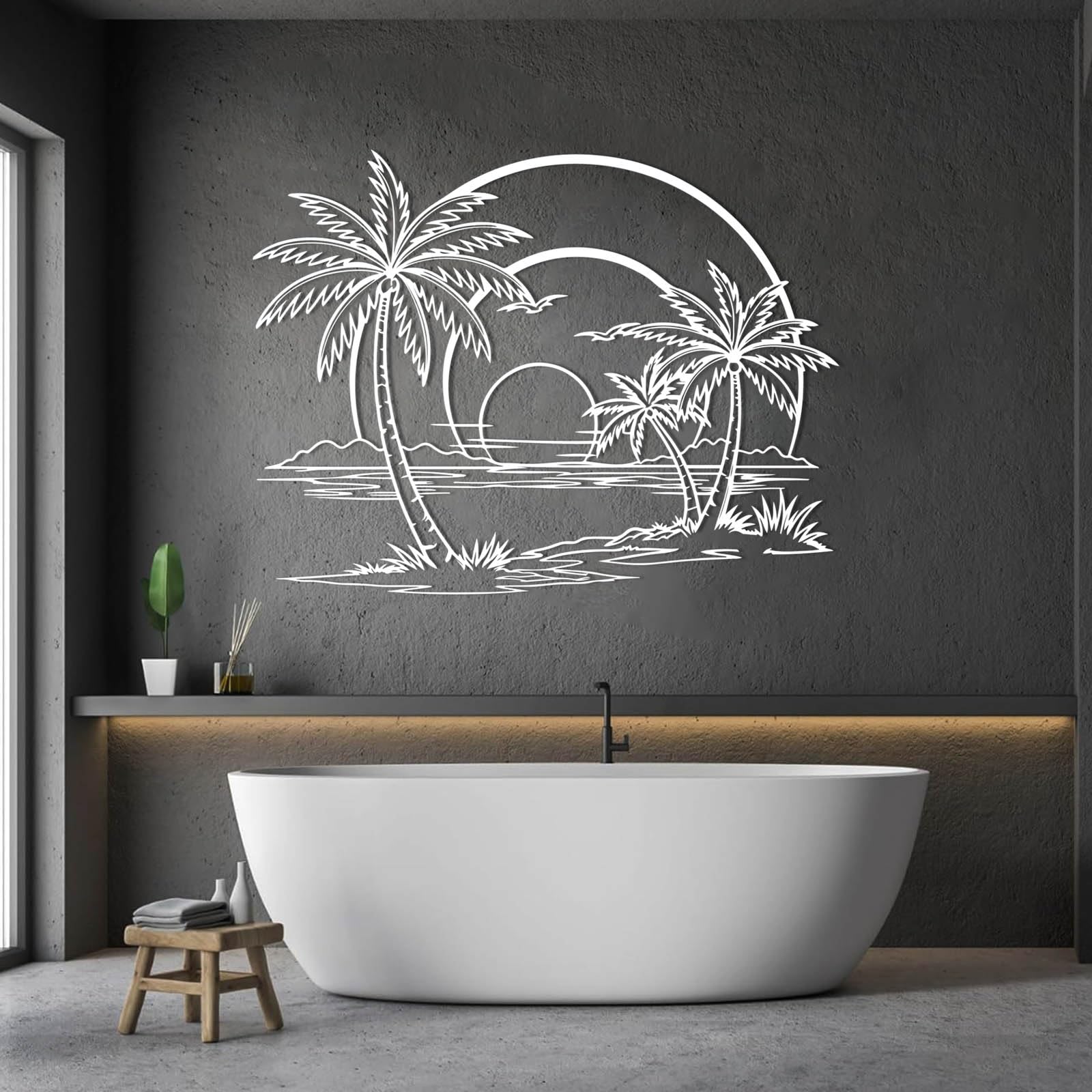 Schwarze Möwen aus Metall bei Sonnenuntergang, Tropische Palmen aus Metall bei Sonnenaufgang, minimalistische Palmen-Dekoration, Moderne Skulptur für Wohnzimmer, Schlafzimmer, Flur und Trepp