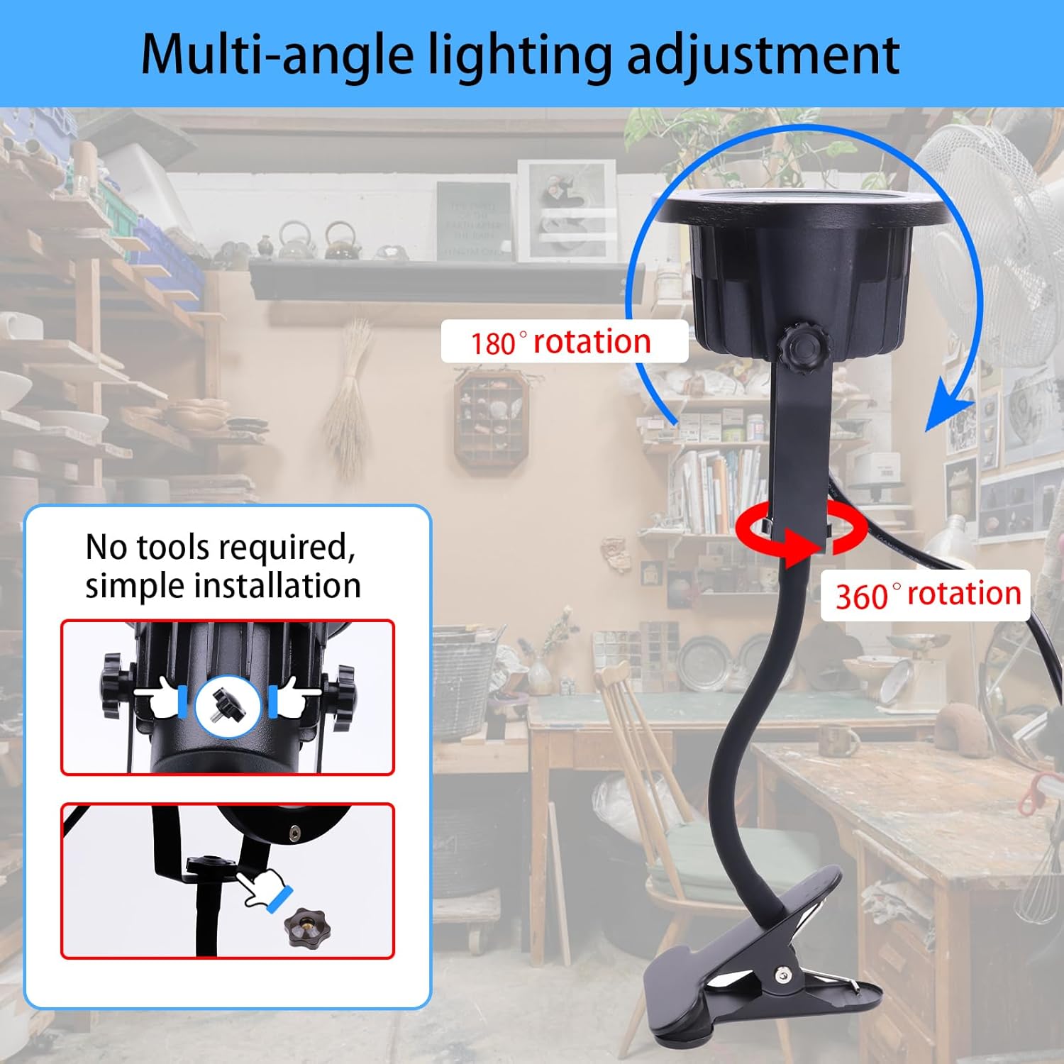 Portable LED Clamp Work Light，Clip on floodlight with 11.5FT Cord（3.5M） 300W Equivalent， waterproofingt for Outdoor Indoor ，Adjustable Angle Lighting (30W-Daylight White)